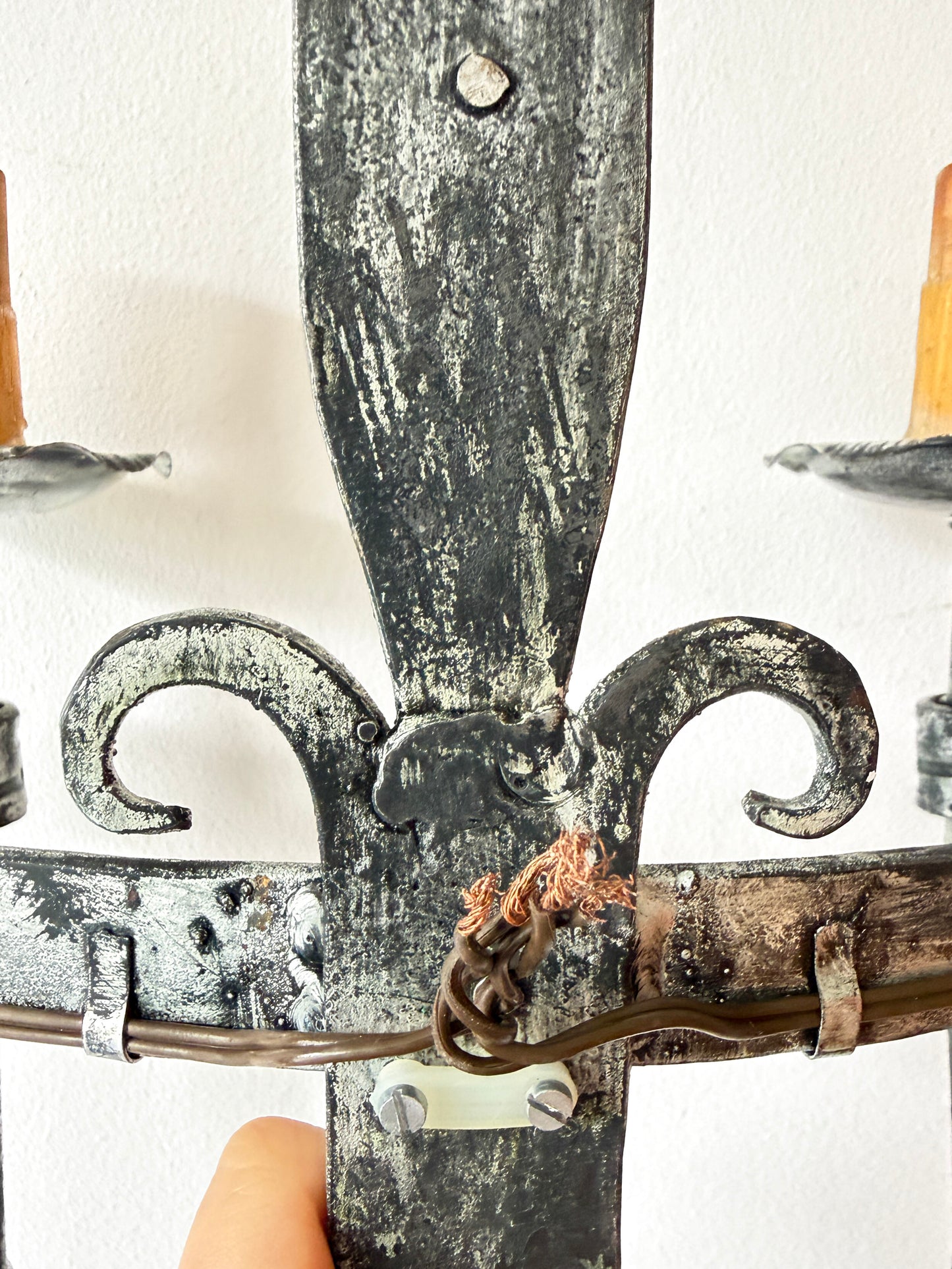 Vintage Wrought Iron Double Wall Sconce with Fleur-de-Lys Motif | Arts & Crafts, Mid-20th Century
