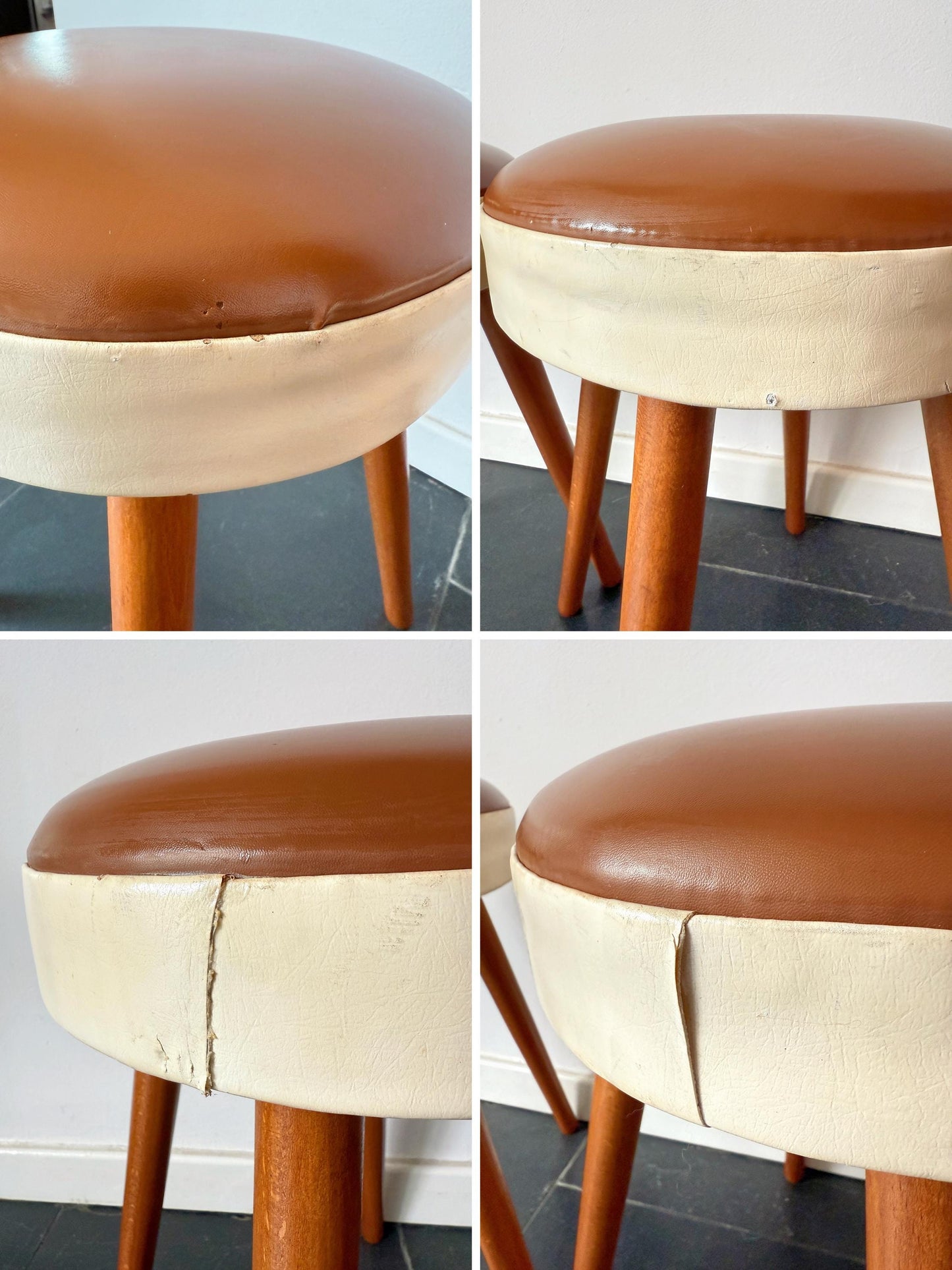 Vintage Mid-Century Wooden Stool with Leather Seat | Mid-Century / Scandinavian Modern, Mid-20th Century
