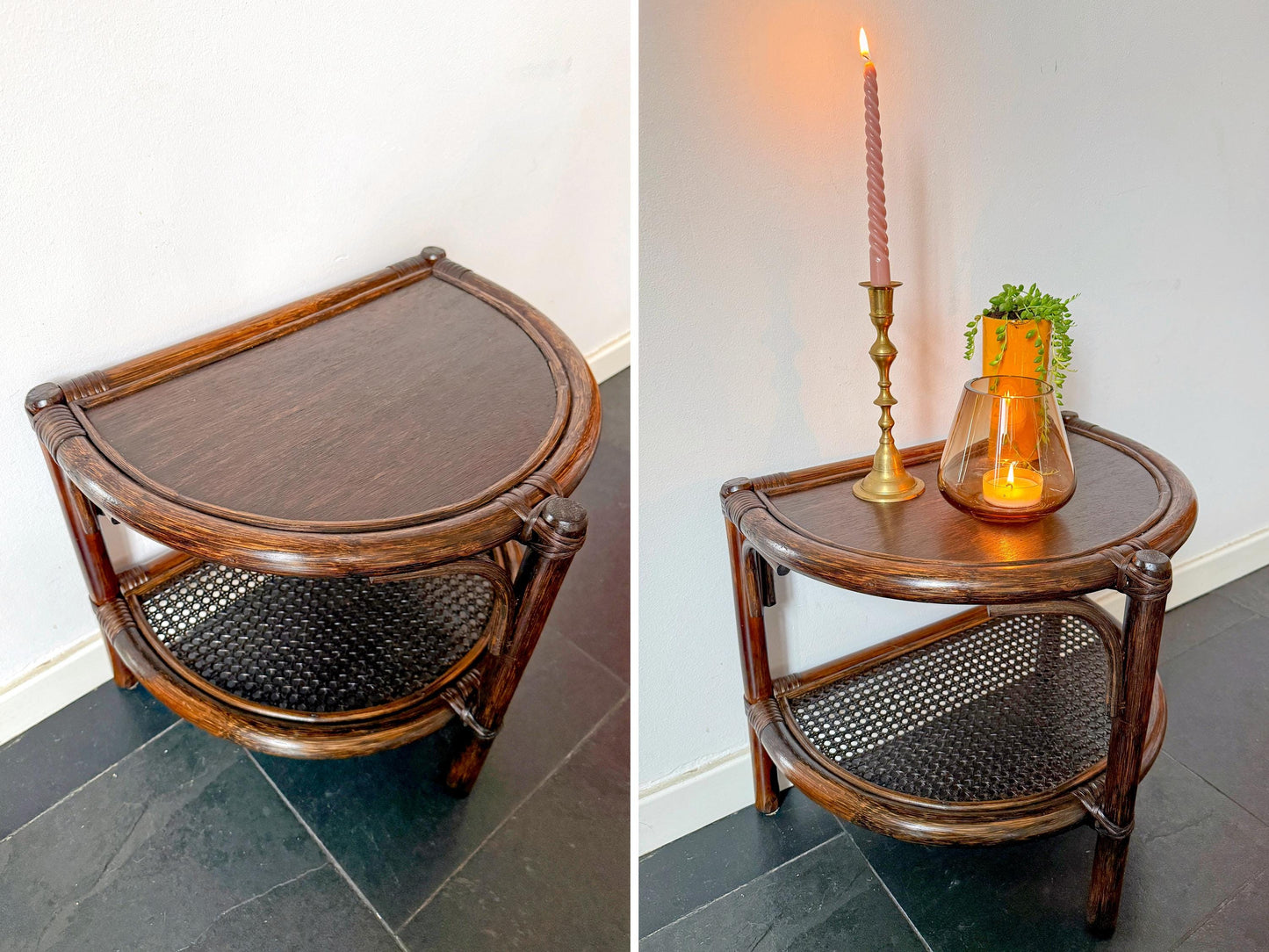 Vintage Rattan & Cane Half-Moon Wall Table | Mid-Century Bohemian