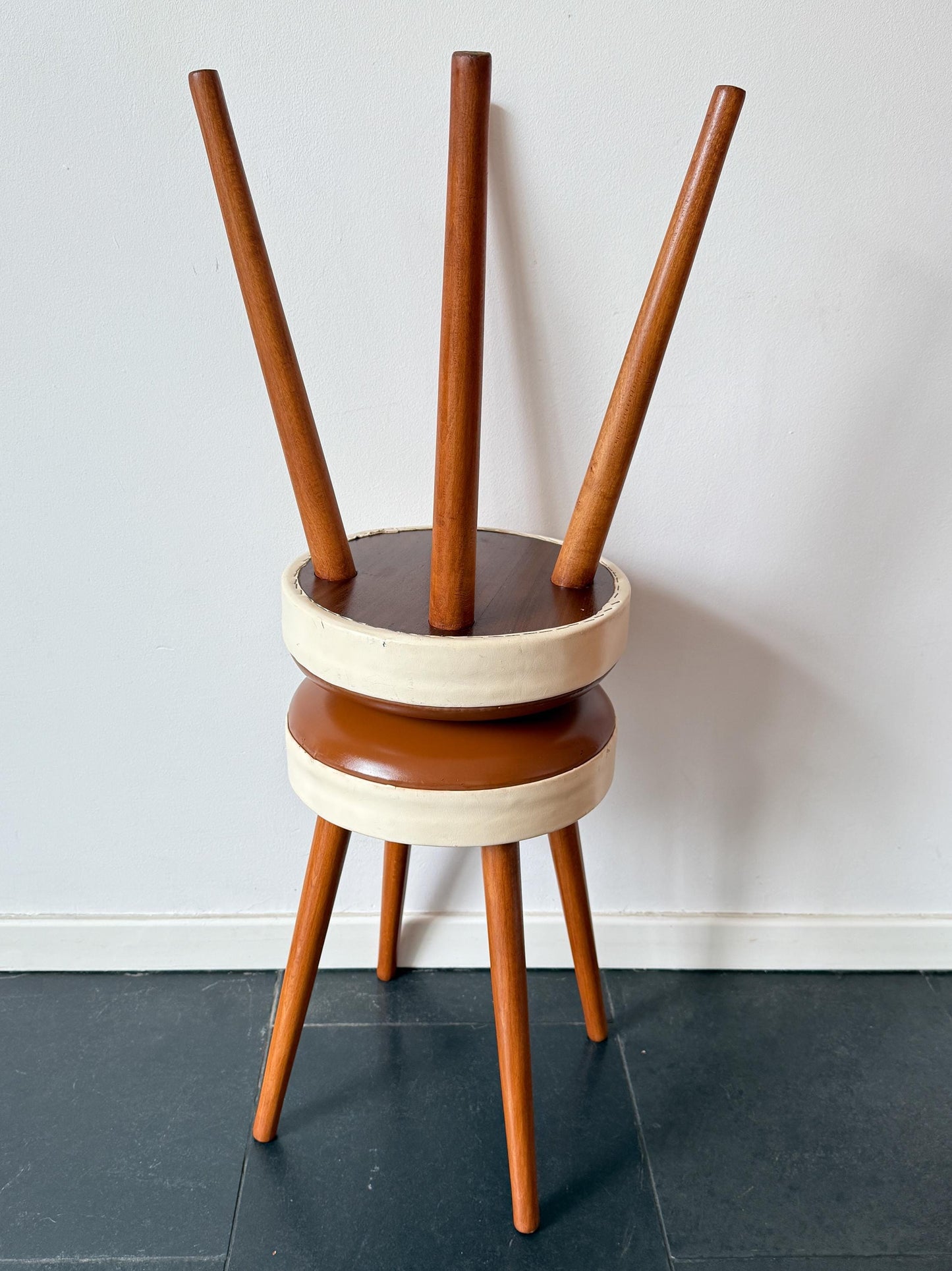 Vintage Mid-Century Wooden Stool with Leather Seat | Mid-Century / Scandinavian Modern, Mid-20th Century