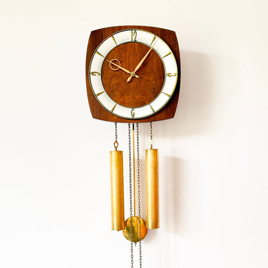Vintage Kieninger Mid-century modern wall clock, wood and brass, circa 1960s–1970s. By Vintagefindsbyrenata