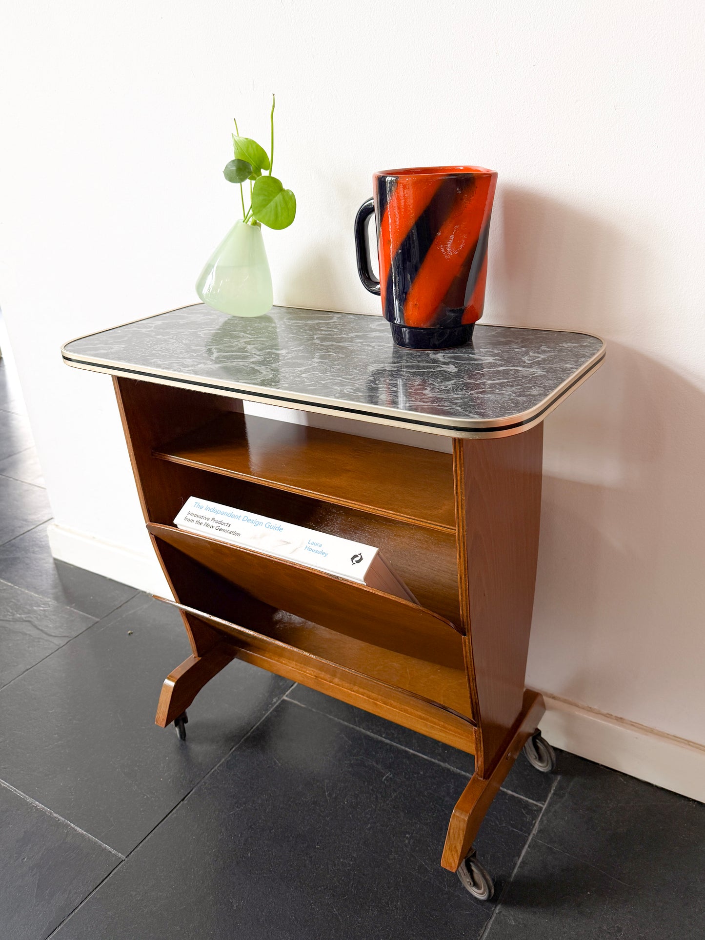 Vintage Bar Cart / Magazine Rack with Marble-Effect Top | Mid-Century Modern, 1950/60s
