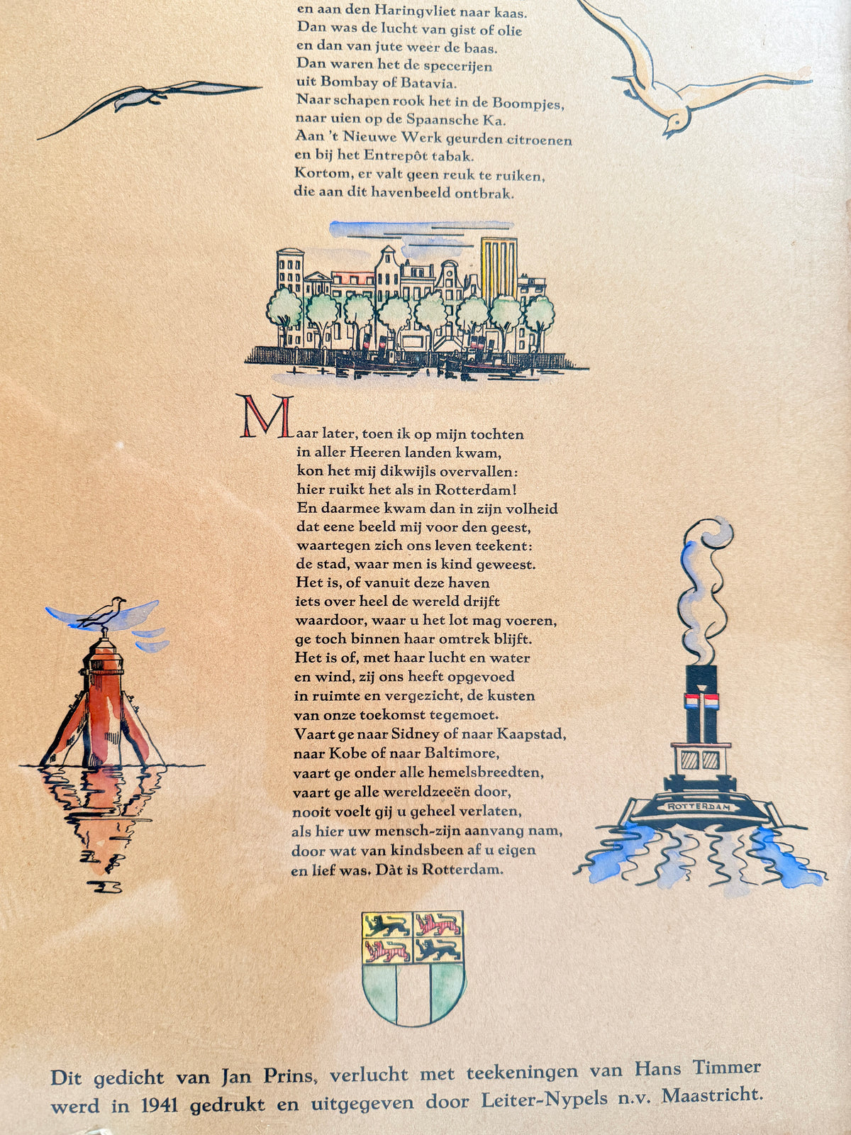 Vintage Framed ‘Rotterdam’ Illustrated Poem Print by Hans Timmer & Jan Prins | Dutch Vintage Graphic Art, 1970s
