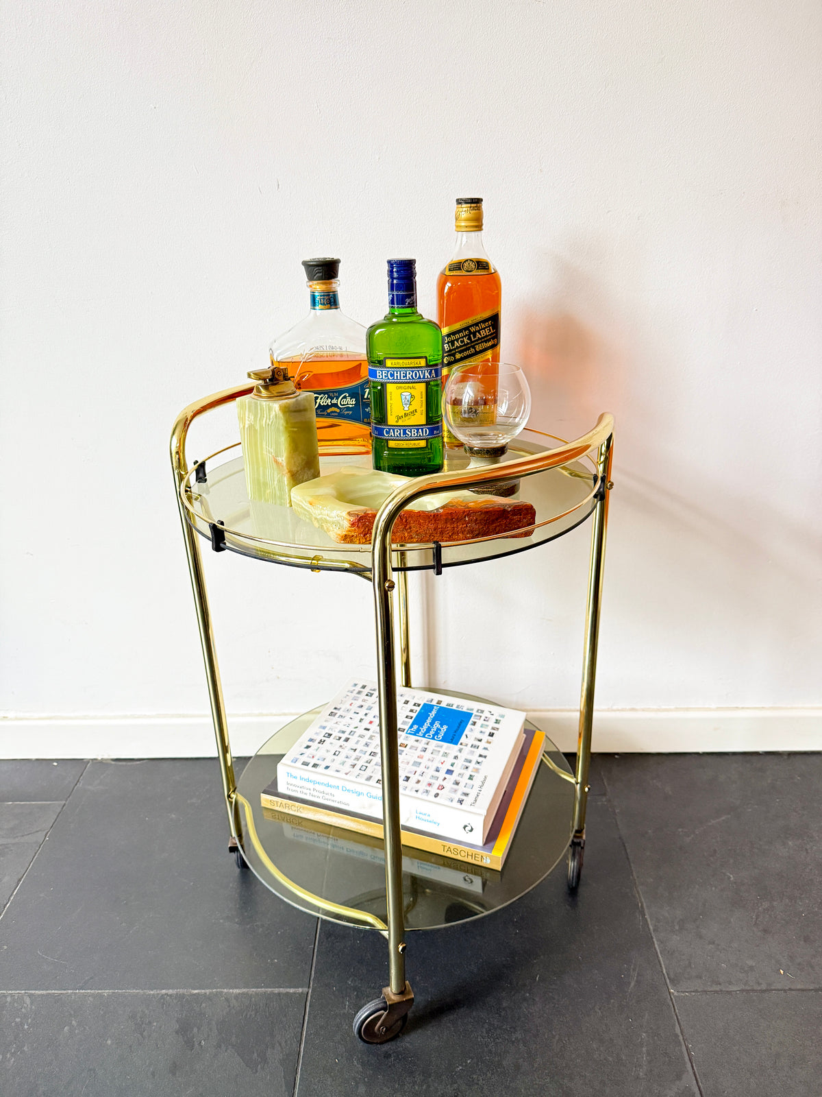 Vintage Brass Serving / Bar Cart with Smoked Glass Shelves | Hollywood Regency, 1970s
