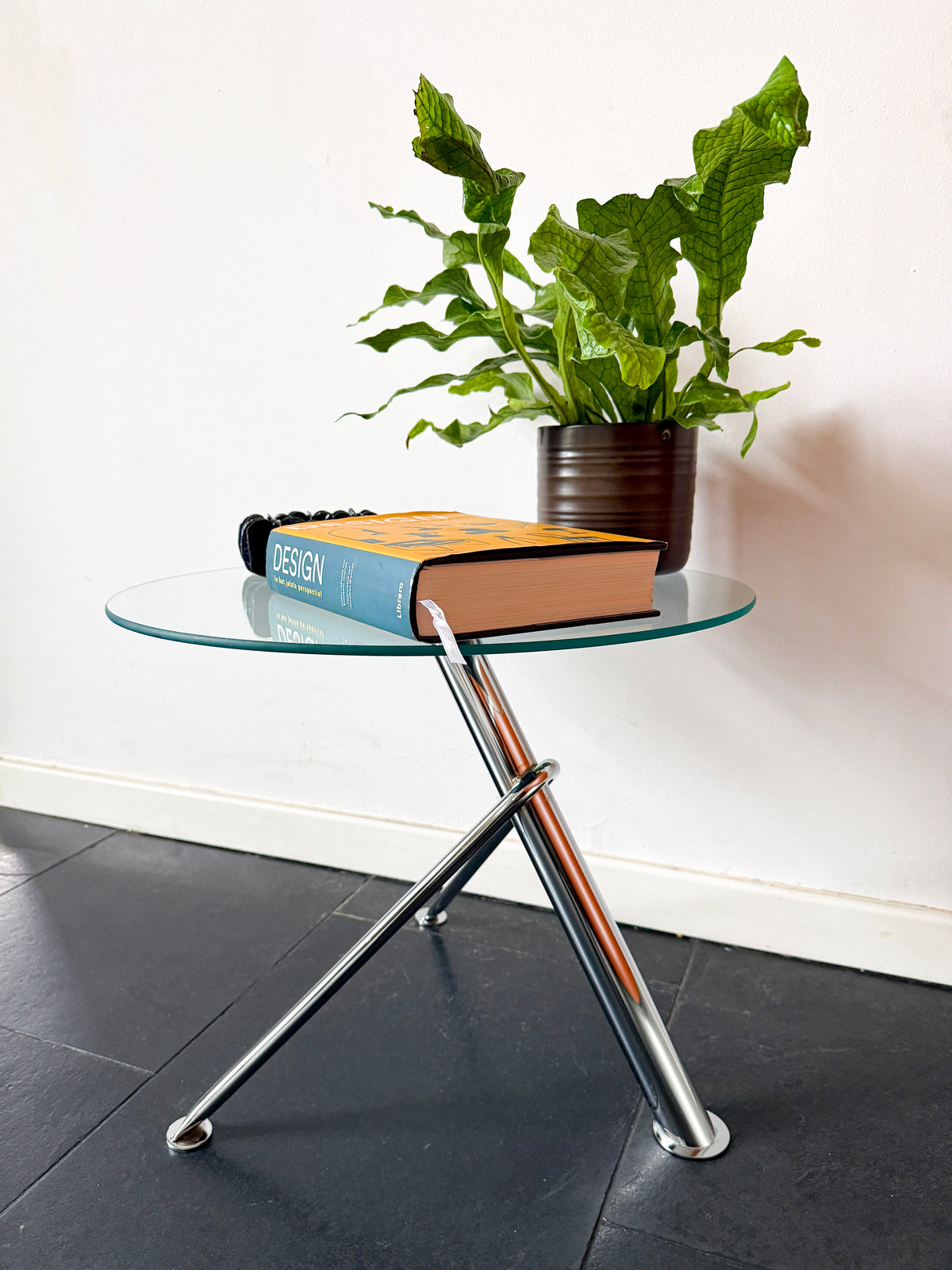 Vintage Round Glass Side Table with Sculptural Chrome Base | Modern Minimalist, 1990s