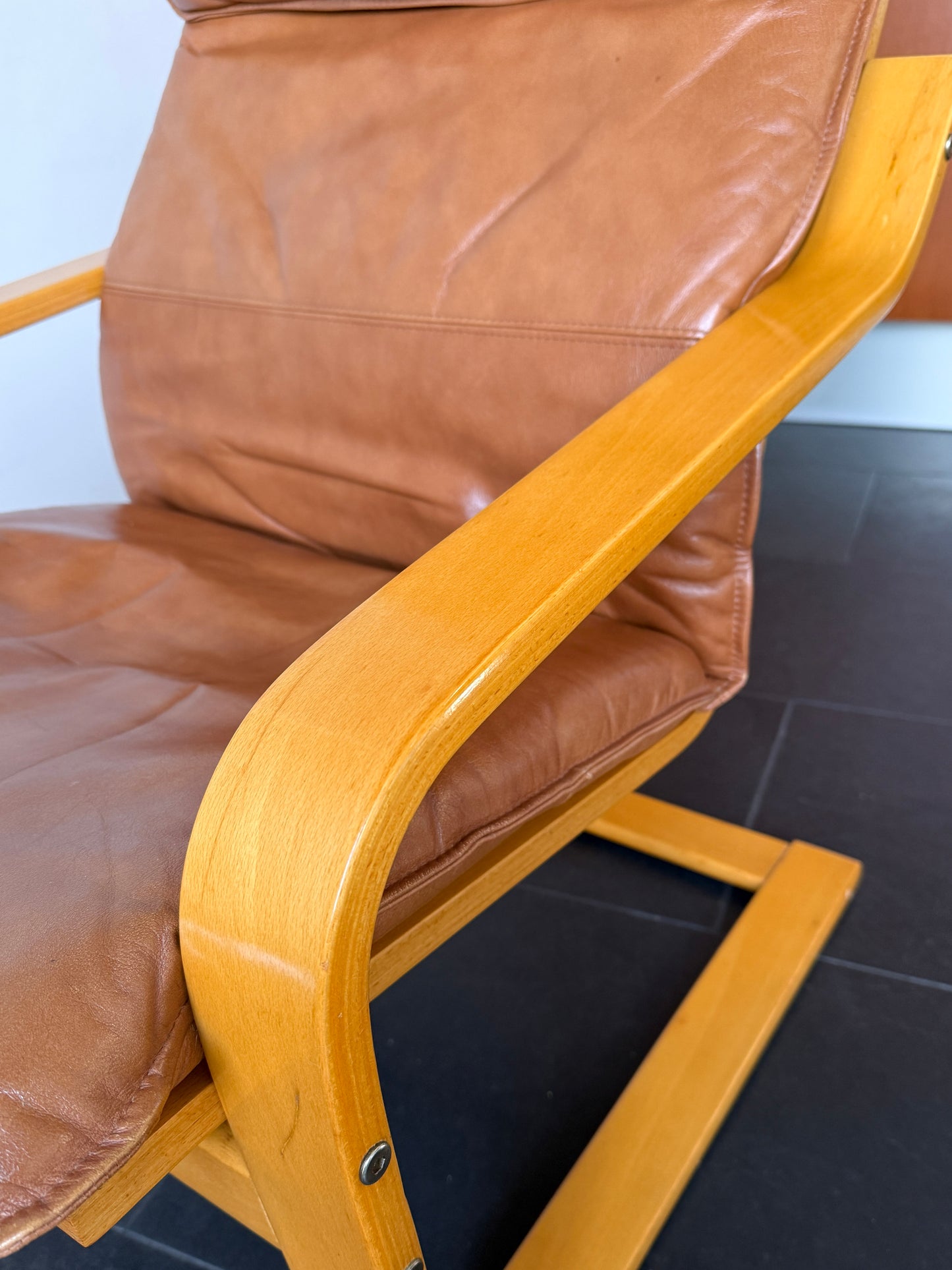 Vintage IKEA Poäng Armchair in Cognac Leather by Noboru Nakamura | Scandinavian Modern, late 20th Century