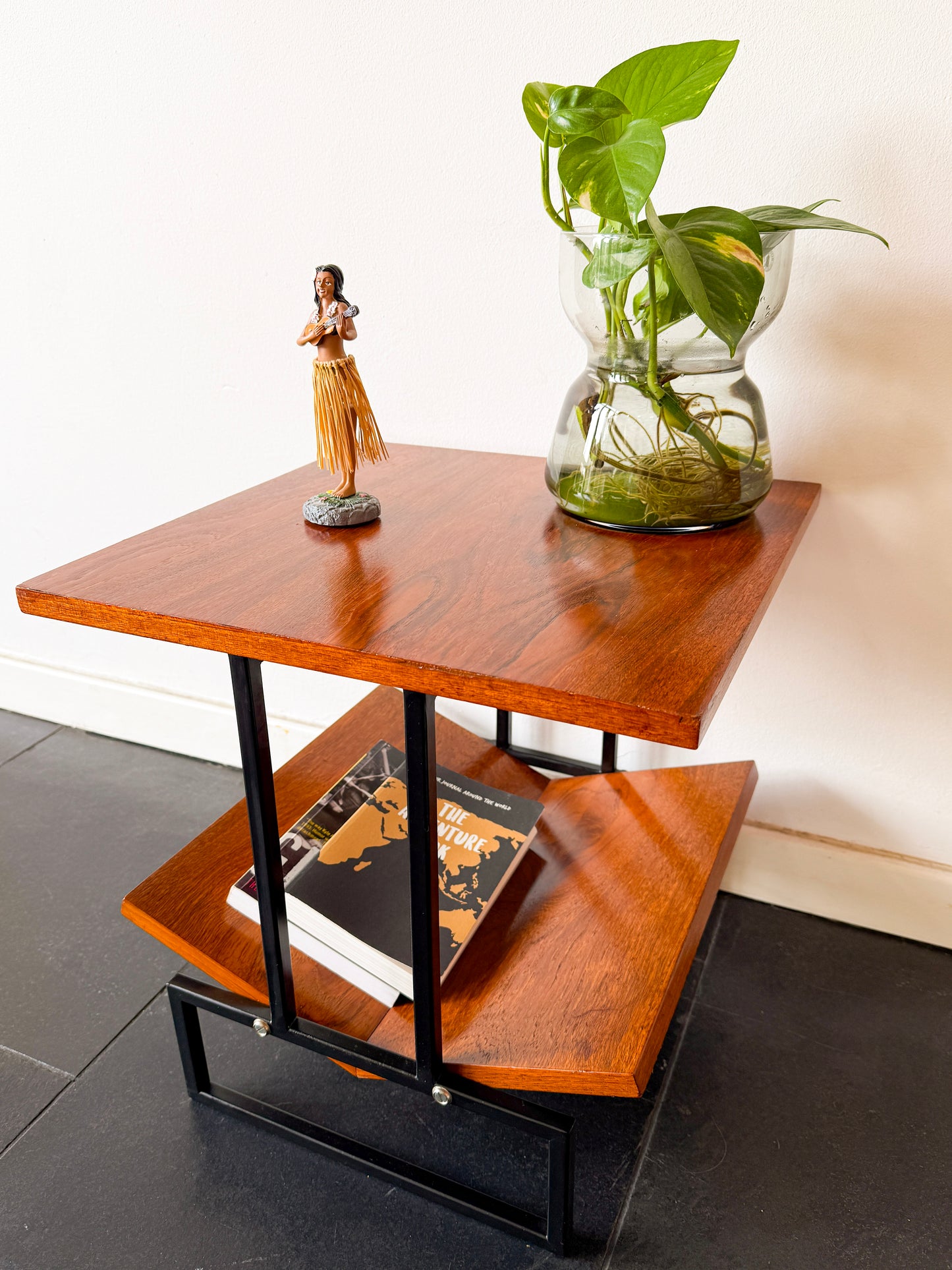 Vintage Mid-Century Modern Magazine Table in Wood and Black Metal | Modernist, Mid-20th century