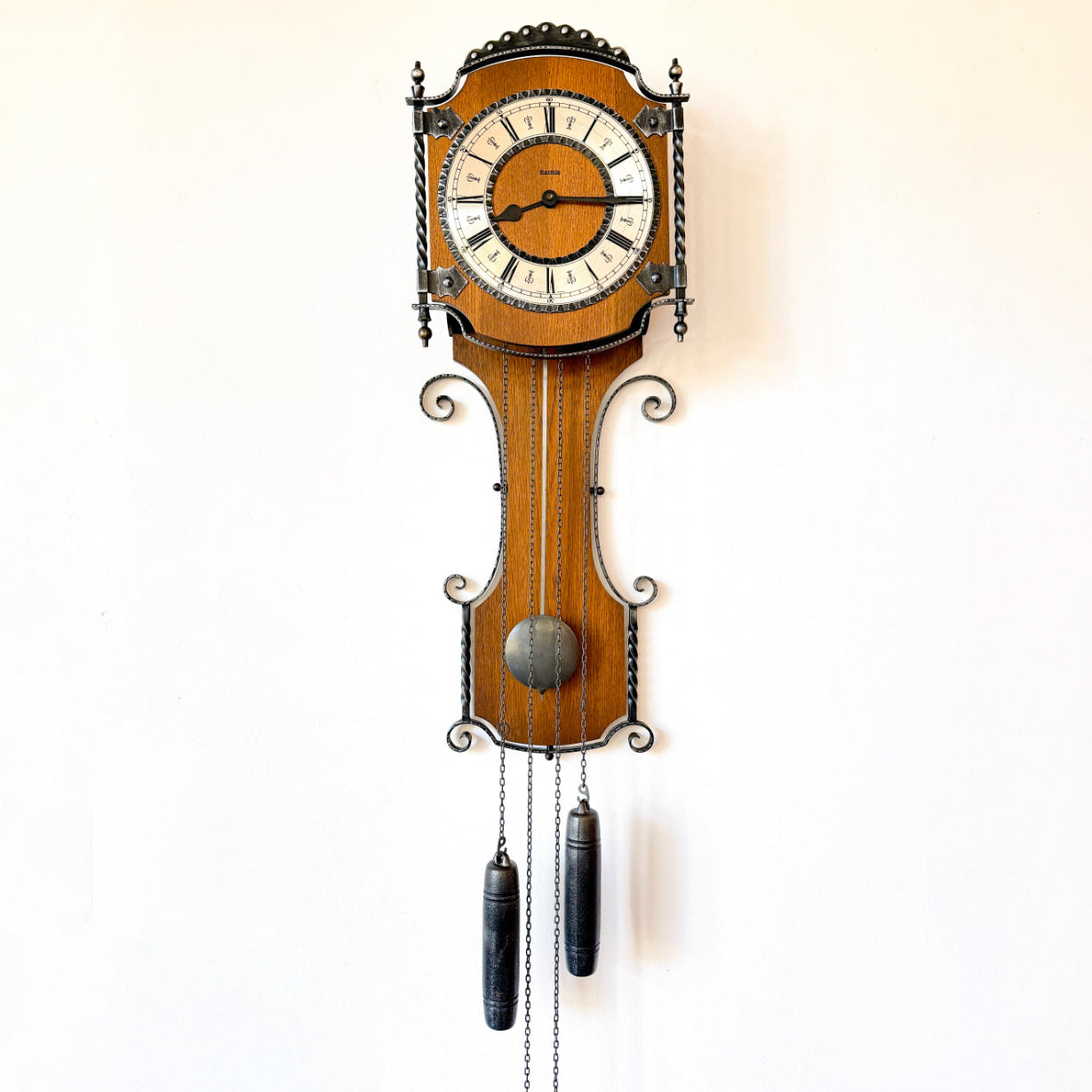 Rustic traditional wall clock, oak and forged metal, German Hermle mechanical clock. By Vintagefindsbyrenata
