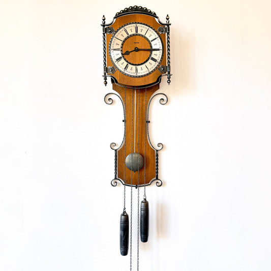 Rustic traditional wall clock, oak and forged metal, German Hermle mechanical clock. By Vintagefindsbyrenata