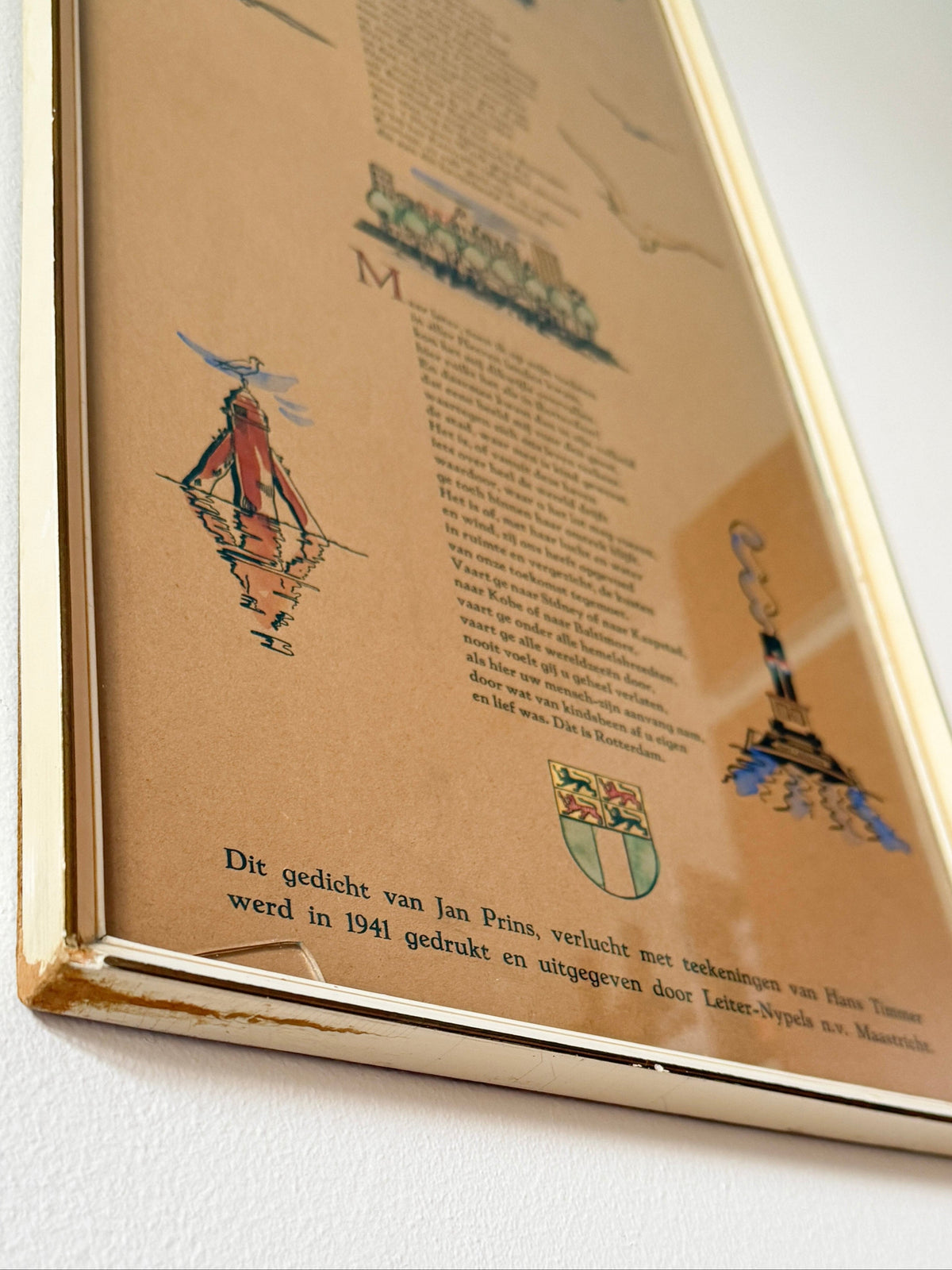 Vintage Framed ‘Rotterdam’ Illustrated Poem Print by Hans Timmer & Jan Prins | Dutch Vintage Graphic Art, 1970s