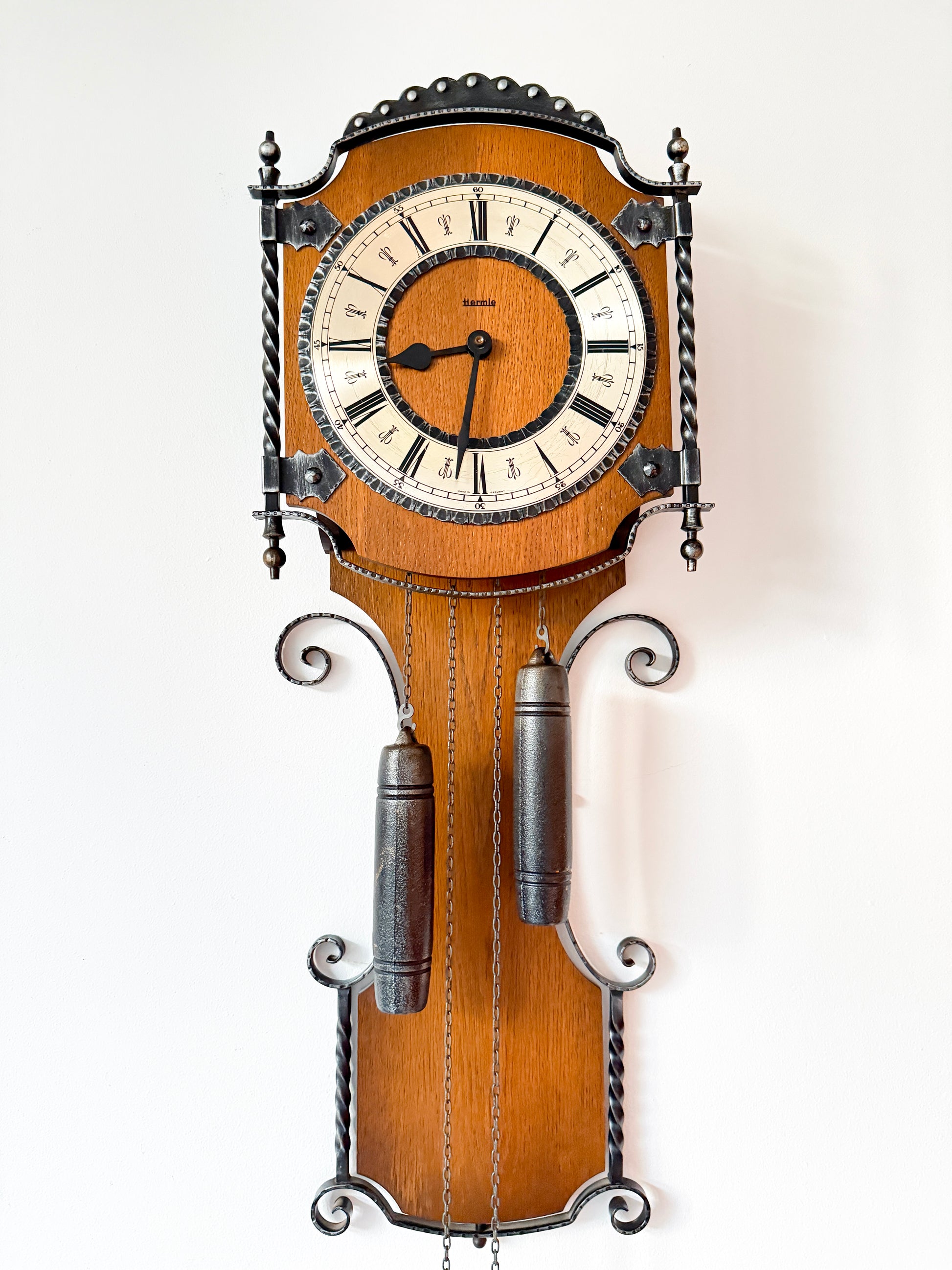 Rustic traditional wall clock, oak and forged metal, German Hermle mechanical clock. By Vintagefindsbyrenata