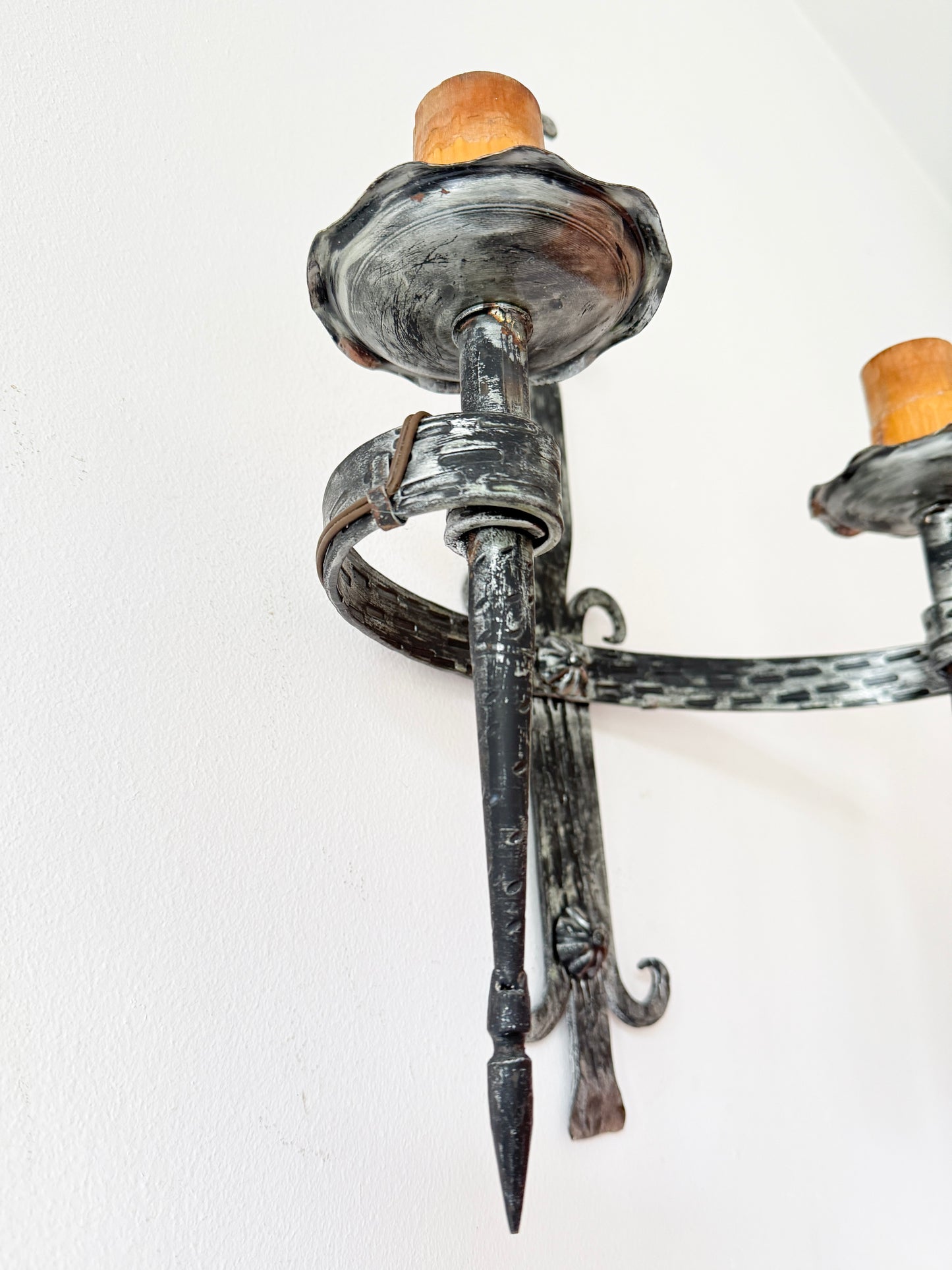 Vintage Wrought Iron Double Wall Sconce with Fleur-de-Lys Motif | Arts & Crafts, Mid-20th Century