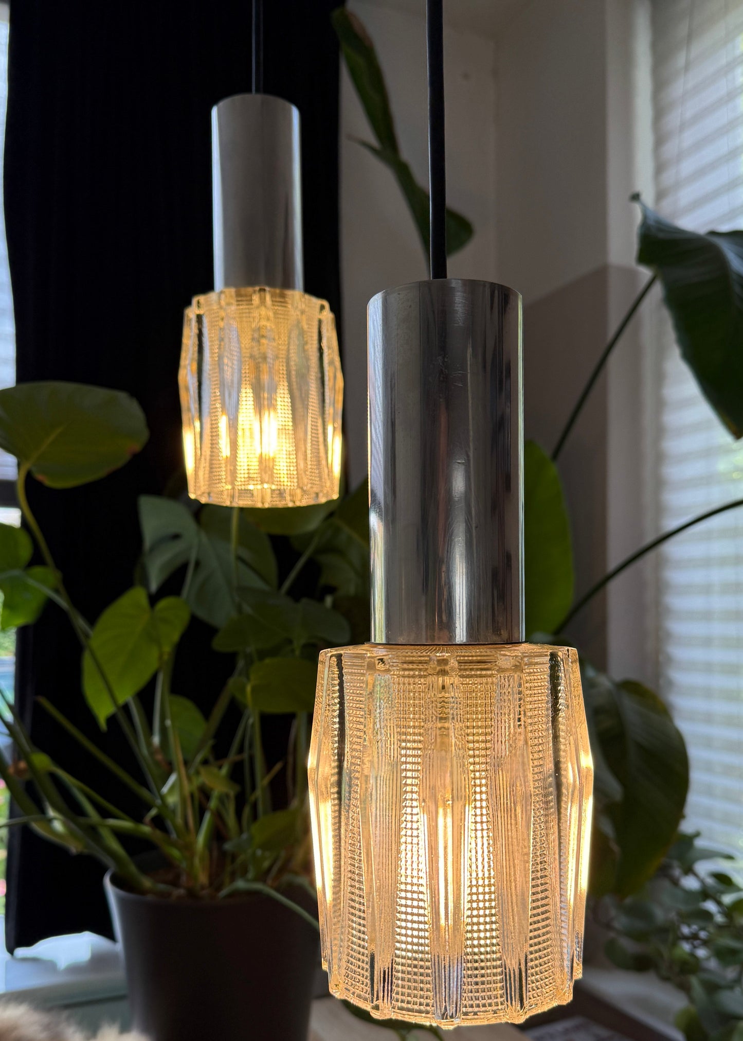 Vintage Pair of Textured Glass Pendant Lights | Mid-Century Modern, 1960/70s