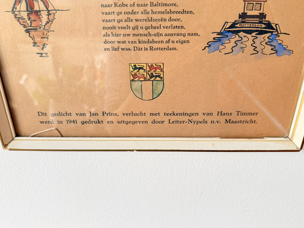 Vintage Framed ‘Rotterdam’ Illustrated Poem Print by Hans Timmer & Jan Prins | Dutch Vintage Graphic Art, 1970s