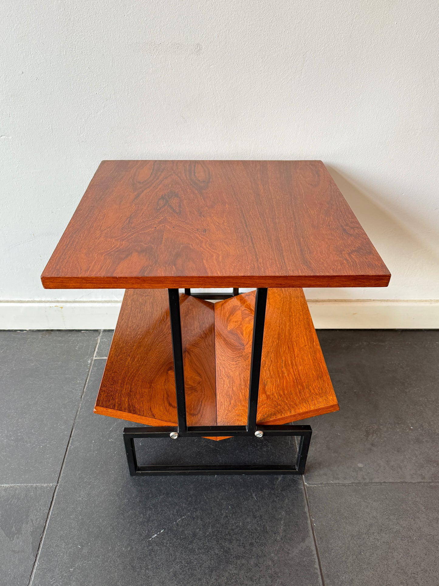 Vintage Mid-Century Modern Magazine Table in Wood and Black Metal | Modernist, Mid-20th century