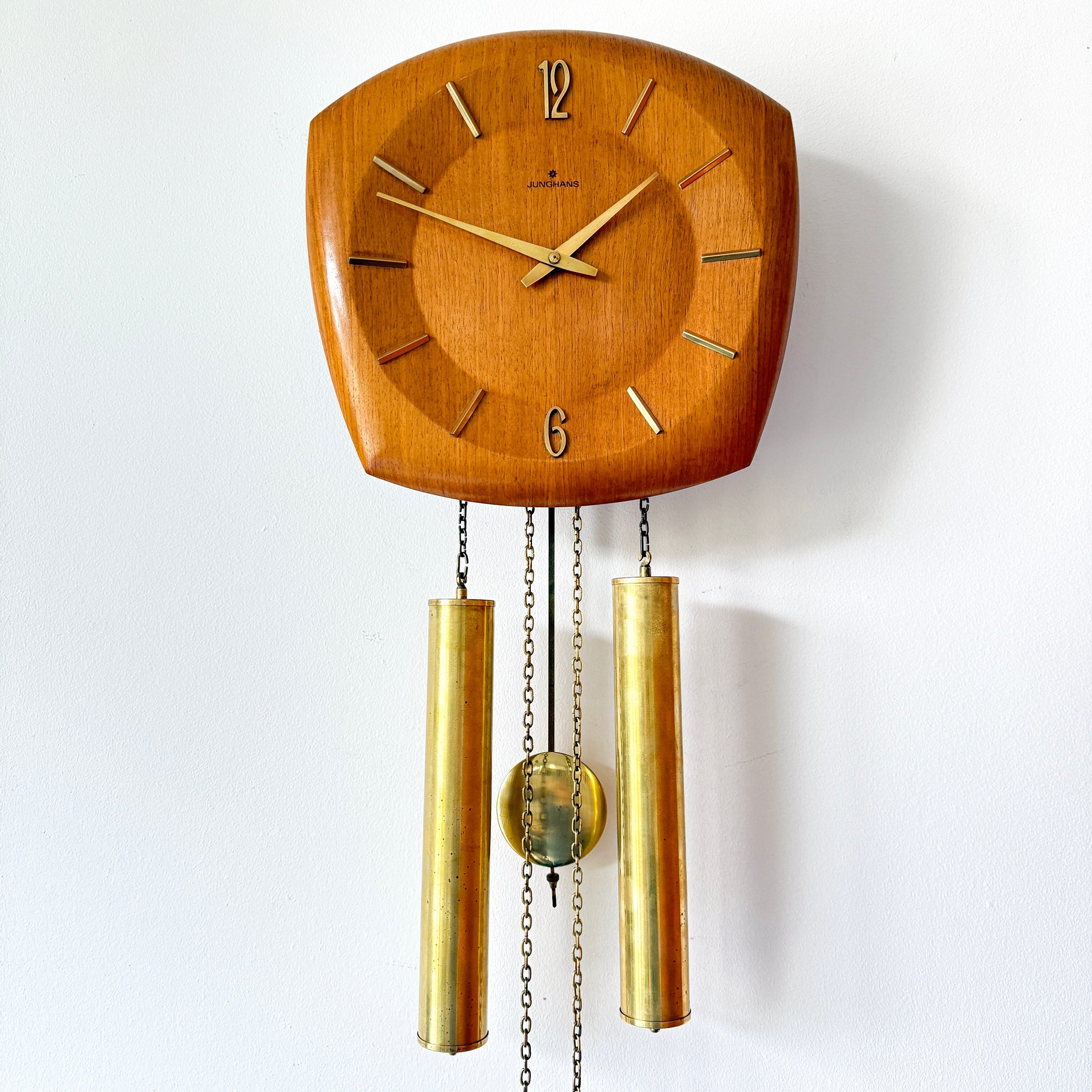 Mid-Century Modern wall clock, wood and brass, Junghans, mid 20th century. By Vintagefindsbyrenata