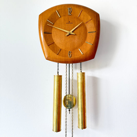 Mid-Century Modern wall clock, wood and brass, Junghans, mid 20th century. By Vintagefindsbyrenata
