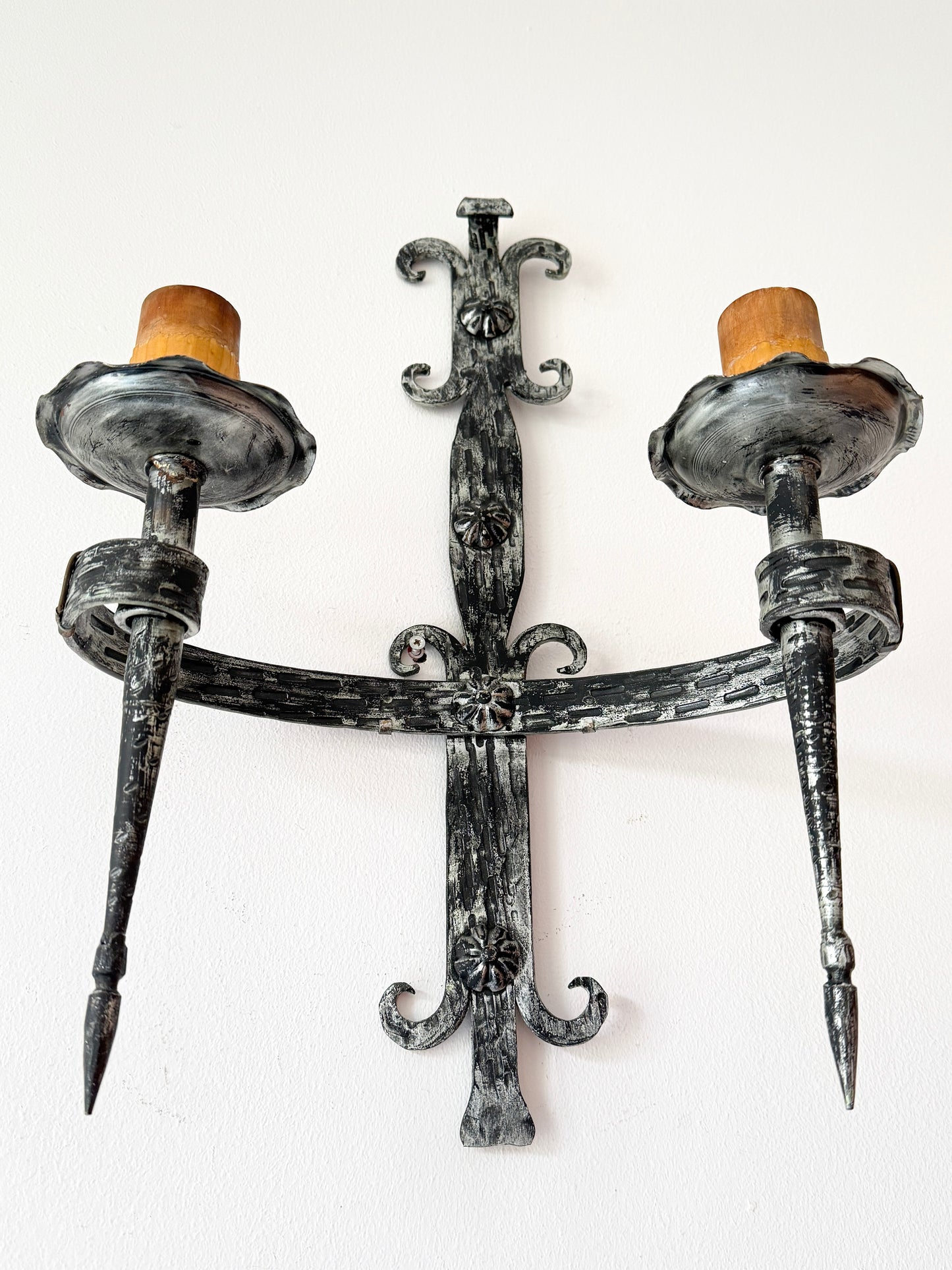 Vintage Wrought Iron Double Wall Sconce with Fleur-de-Lys Motif | Arts & Crafts, Mid-20th Century