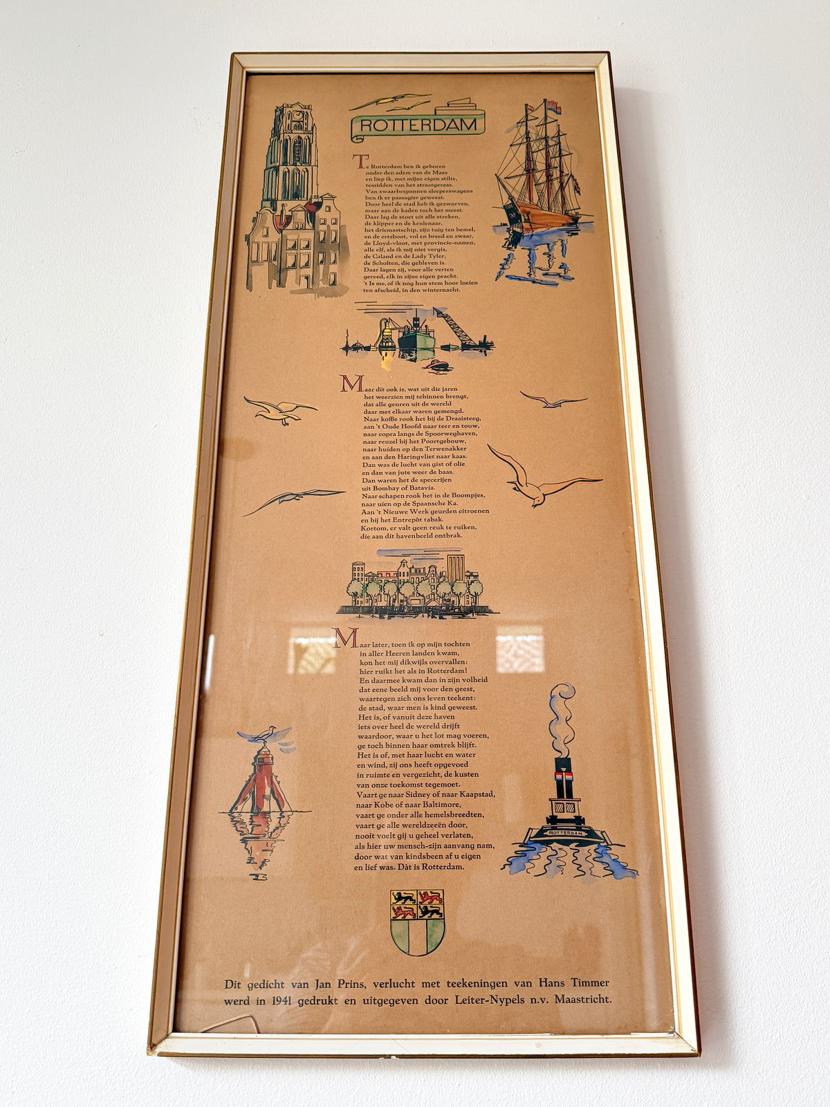 Vintage Framed ‘Rotterdam’ Illustrated Poem Print by Hans Timmer & Jan Prins | Dutch Vintage Graphic Art, 1970s