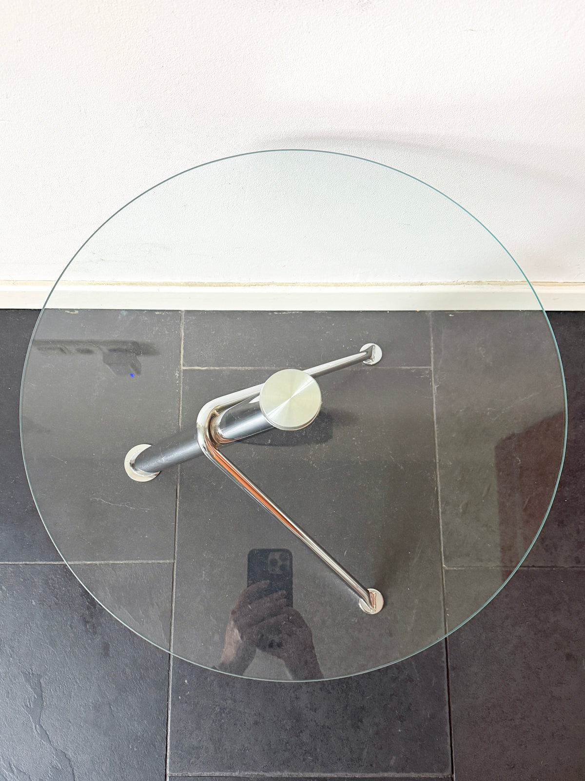 Vintage Round Glass Side Table with Sculptural Chrome Base | Modern Minimalist, 1990s