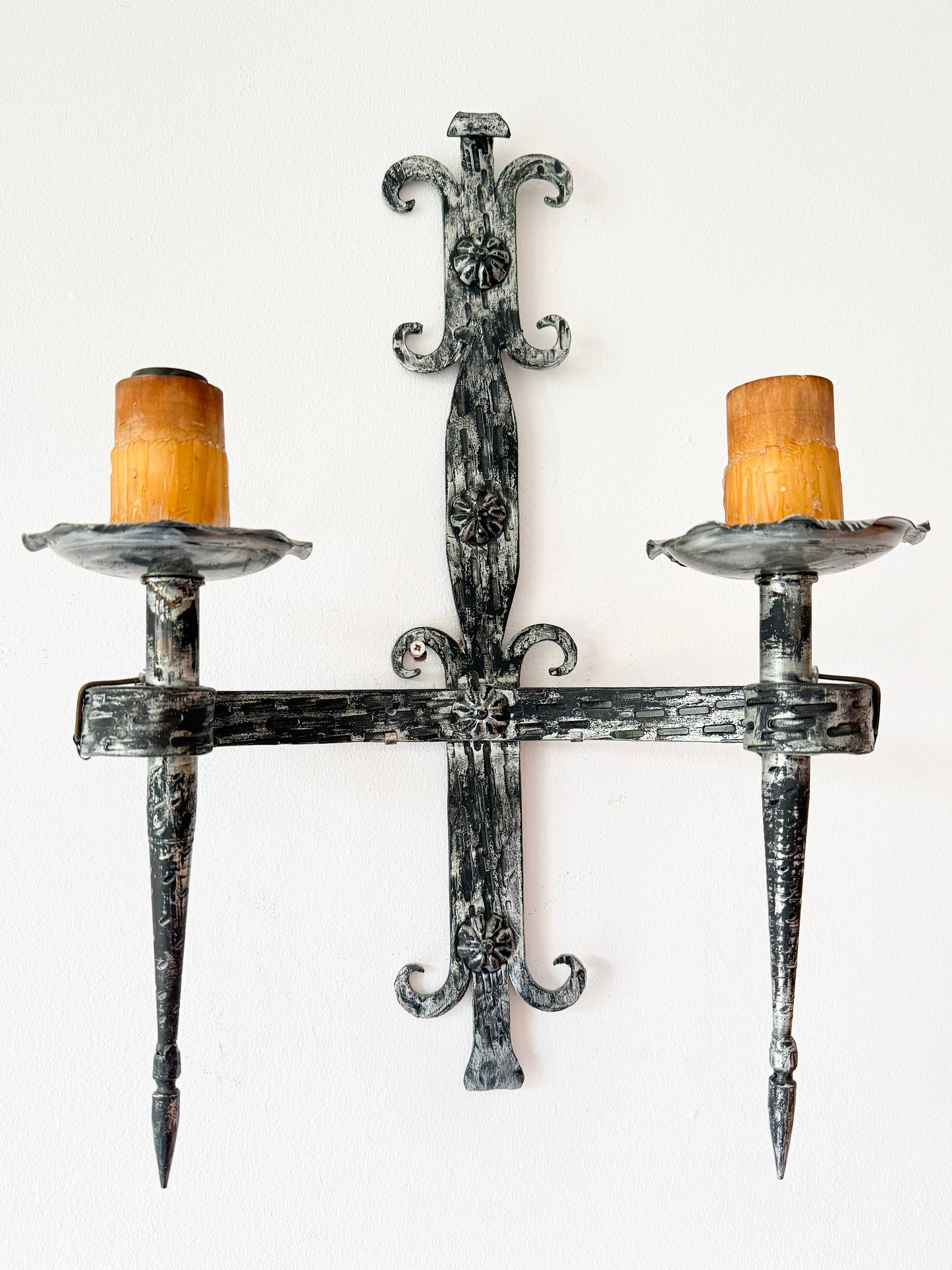Vintage Wrought Iron Double Wall Sconce with Fleur-de-Lys Motif | Arts & Crafts, Mid-20th Century