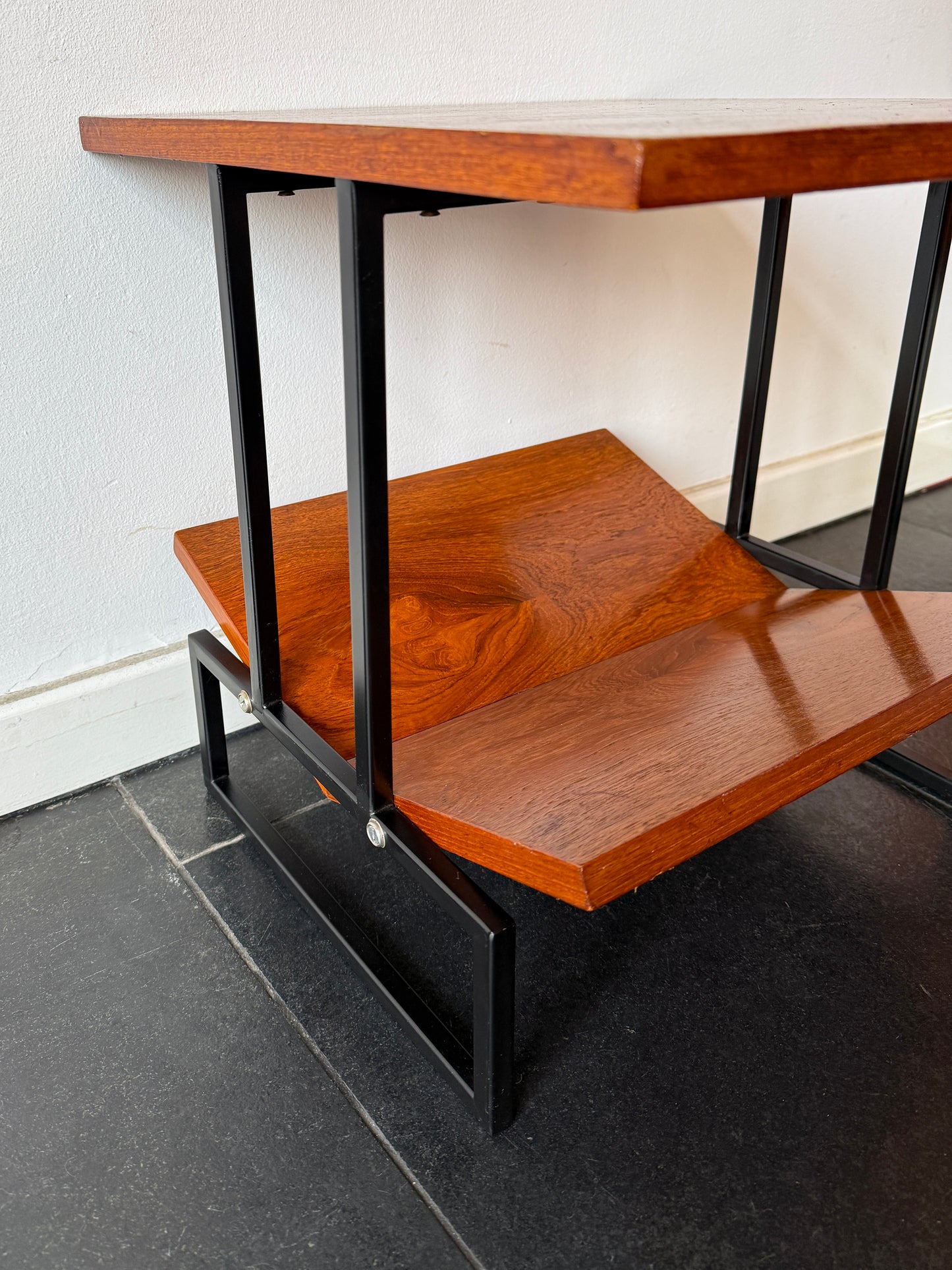 Vintage Mid-Century Modern Magazine Table in Wood and Black Metal | Modernist, Mid-20th century