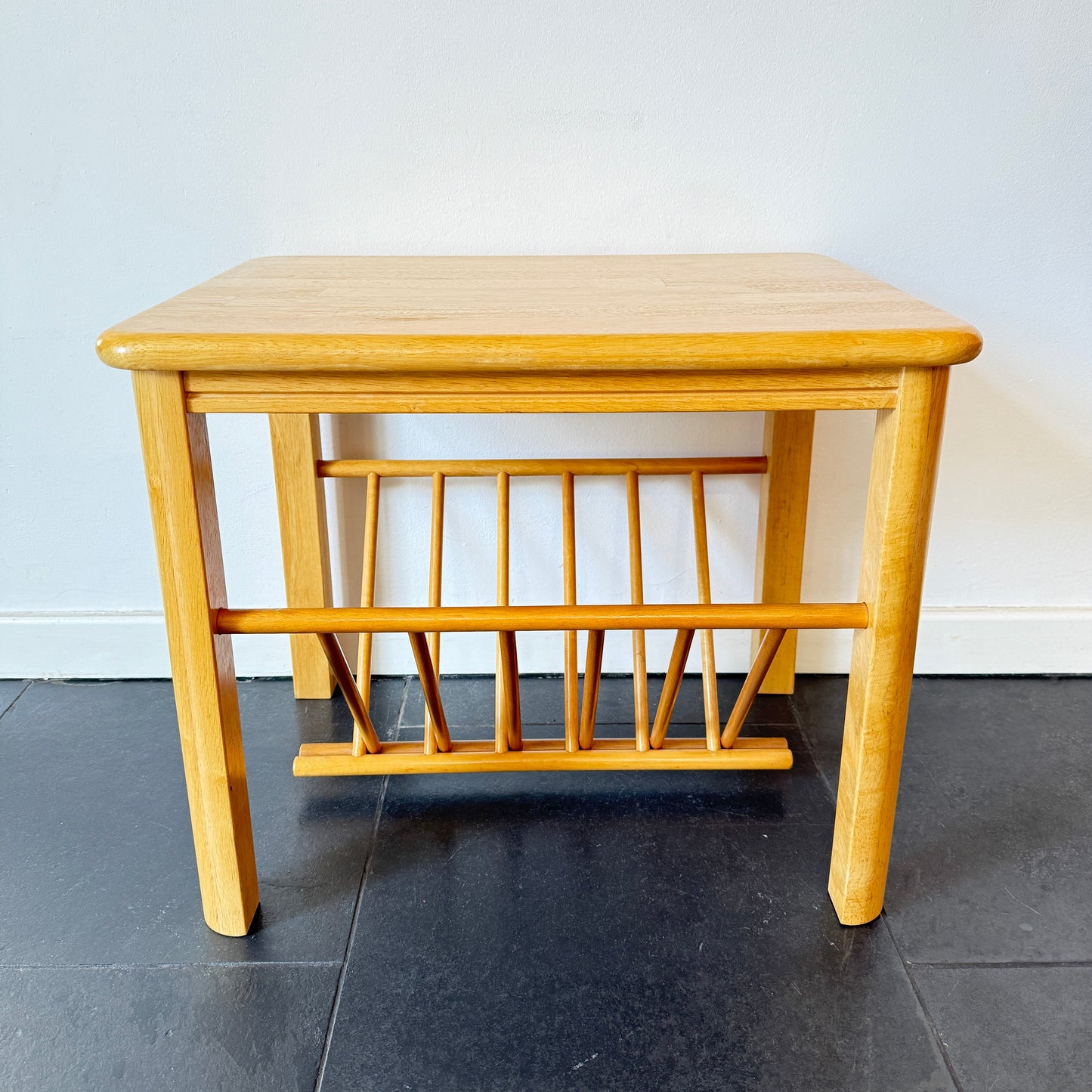 Mid-century modern wooden side table with magazine rack, solid wood, vintage period. By Vintagefindsbyrenata