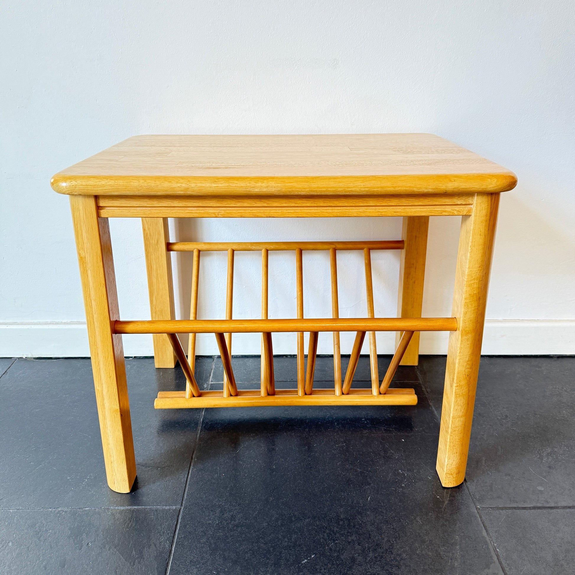 Mid-century modern wooden side table with magazine rack, solid wood, vintage period. By Vintagefindsbyrenata