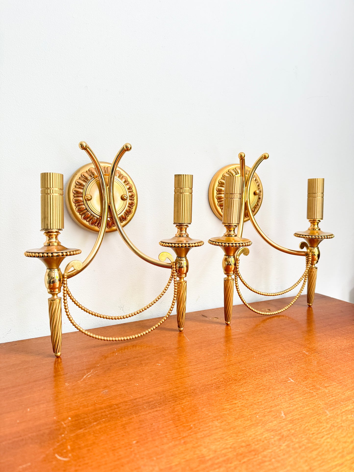 Vintage Pair of Gaetano Sciolari Double Wall Sconces in Gilt Brass | Hollywood Regency, 1960/70s