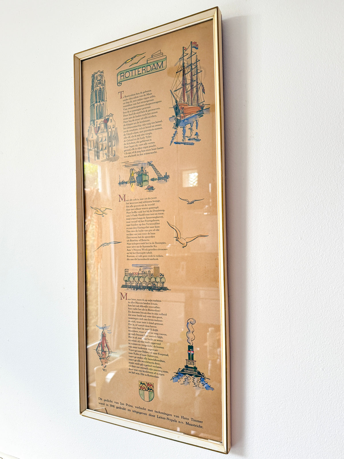 Vintage Framed ‘Rotterdam’ Illustrated Poem Print by Hans Timmer & Jan Prins | Dutch Vintage Graphic Art, 1970s