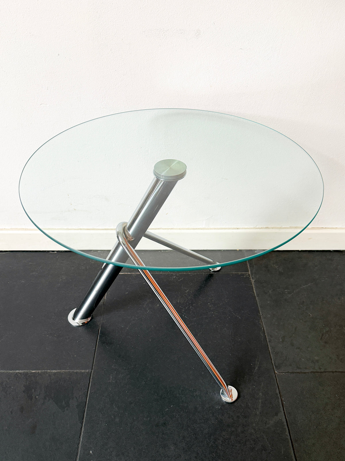 Vintage Round Glass Side Table with Sculptural Chrome Base | Modern Minimalist, 1990s