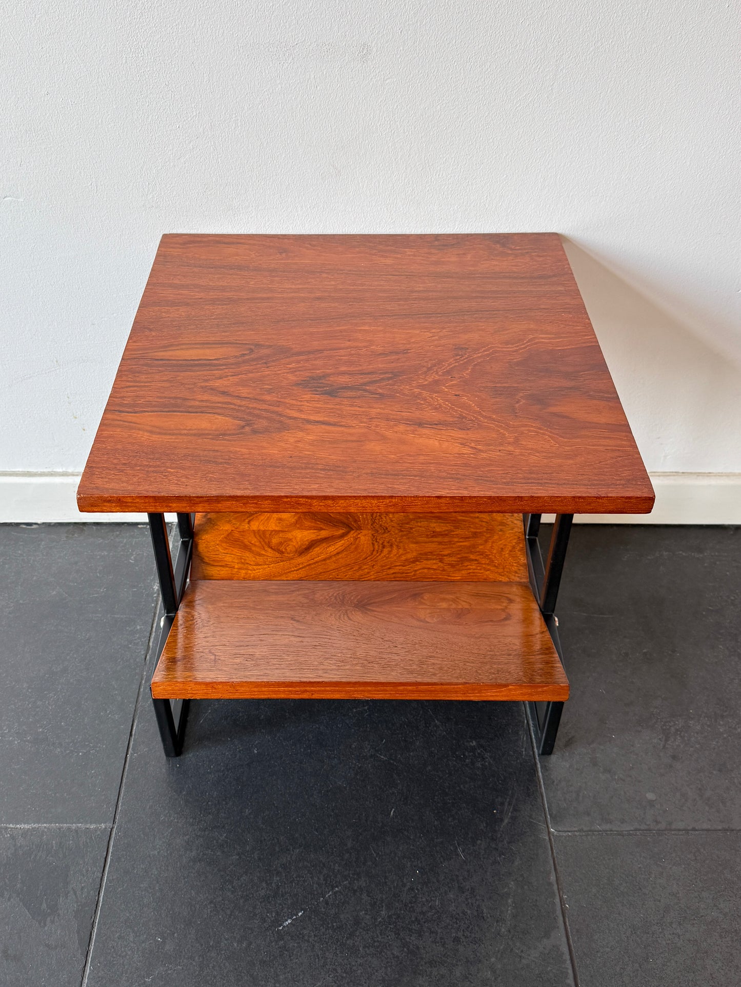Vintage Mid-Century Modern Magazine Table in Wood and Black Metal | Modernist, Mid-20th century