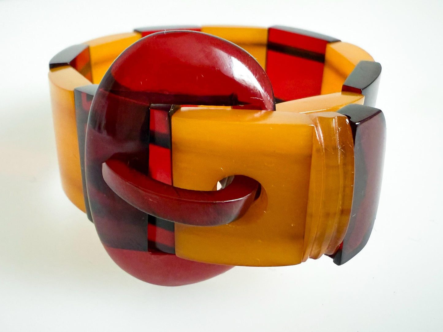 Vintage Bakelite Catalin Bracelet with Cherry Juice & Butterscotch Panels | Art Deco, 1940s
