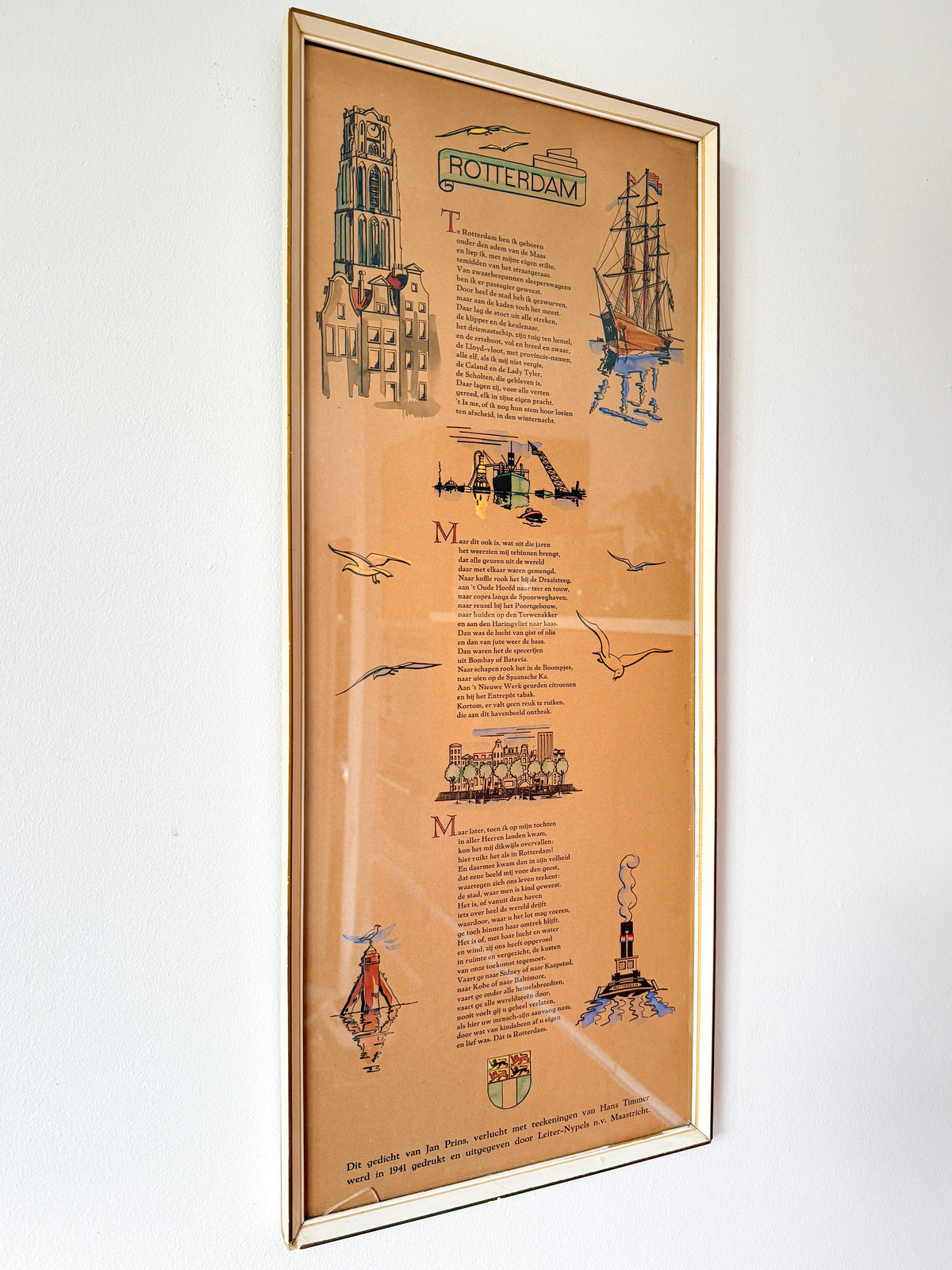 Vintage Framed ‘Rotterdam’ Illustrated Poem Print by Hans Timmer & Jan Prins | Dutch Vintage Graphic Art, 1970s