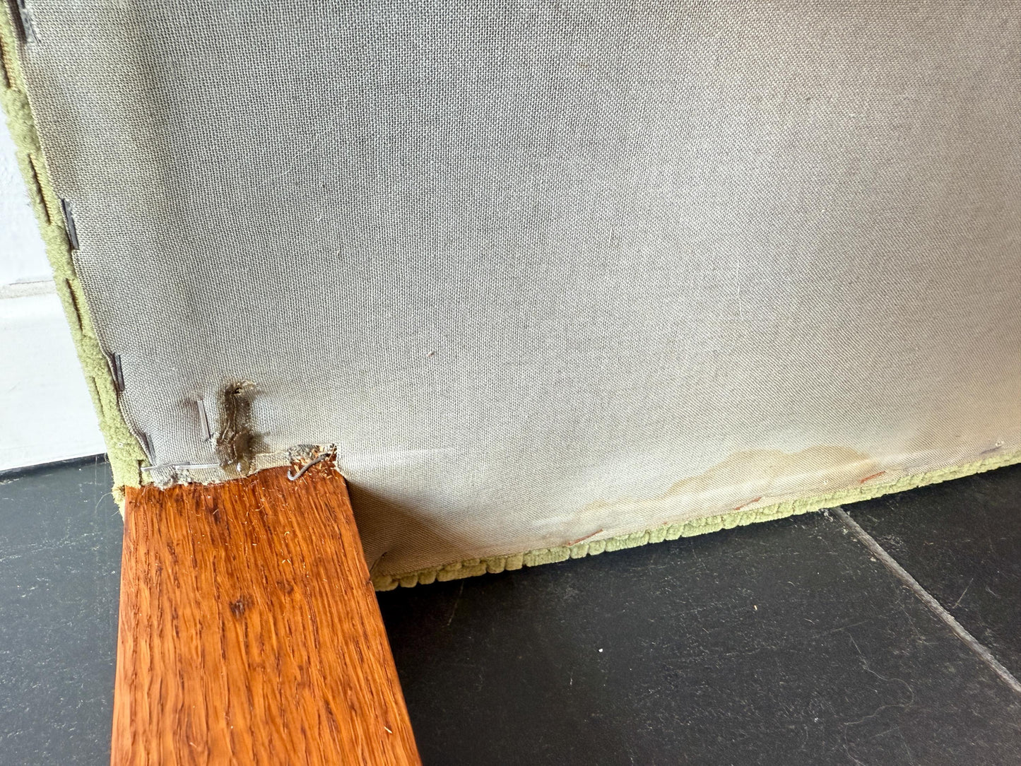 Vintage Wooden Footstool with Green Upholstery | Mid-Century Modern