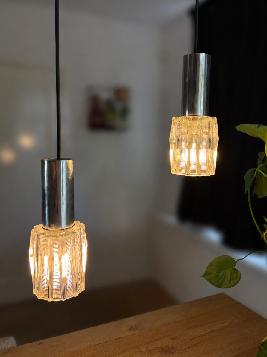 Vintage Pair of Textured Glass Pendant Lights | Mid-Century Modern, 1960/70s