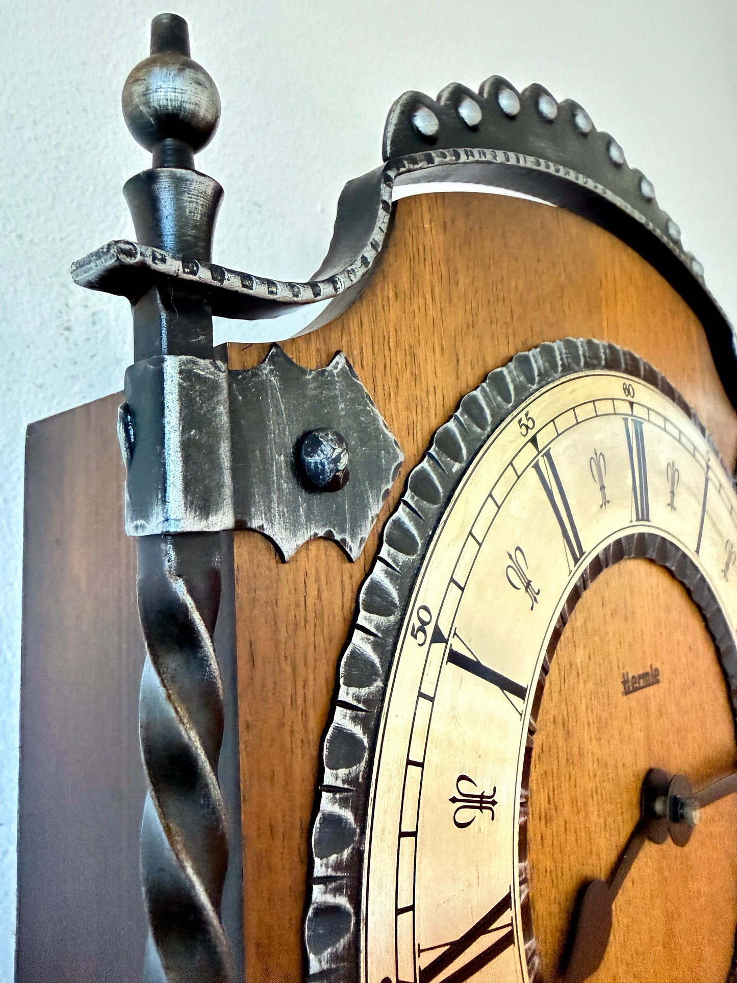Vintage Hermle Wall Clock with Oak Case and Forged Metal Frame | Rustic Traditional, Late 20th Century