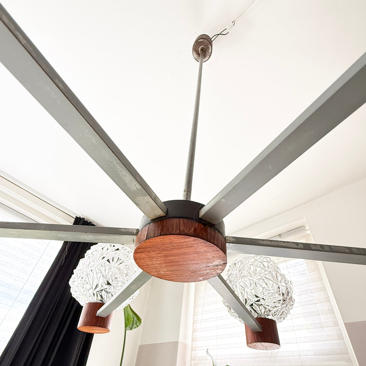 Vintage Six-Arm Chandelier with Pressed Glass Shades | Mid-Century Modern, late 20th Century