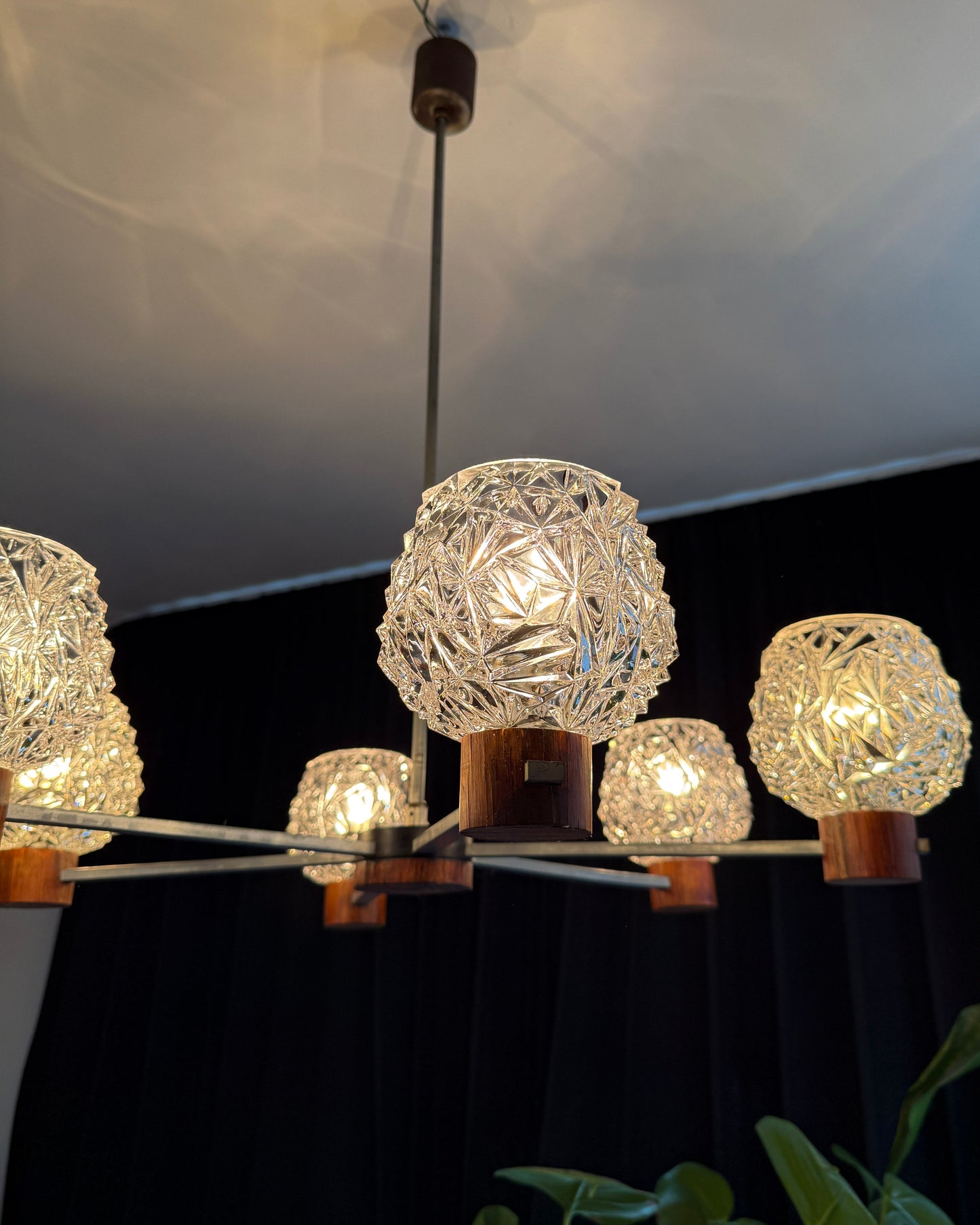 Vintage Six-Arm Chandelier with Pressed Glass Shades | Mid-Century Modern, late 20th Century