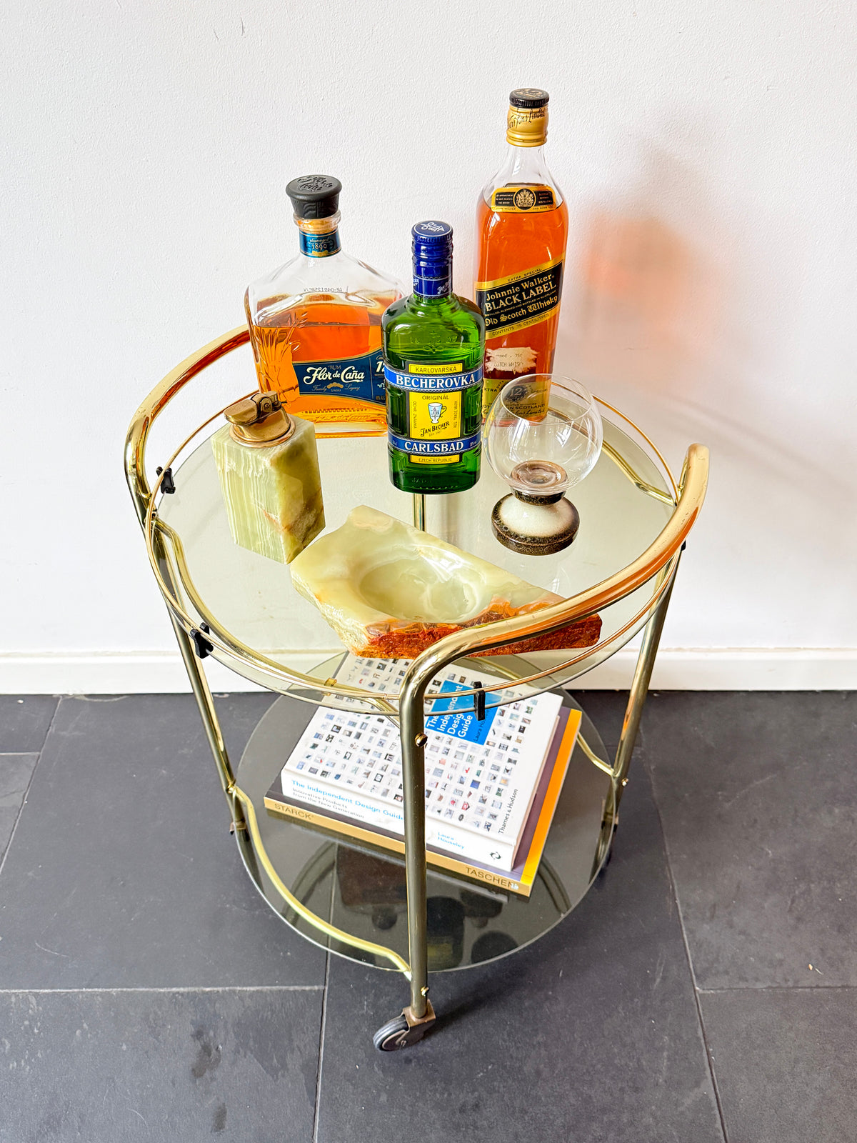 Vintage Brass Serving / Bar Cart with Smoked Glass Shelves | Hollywood Regency, 1970s