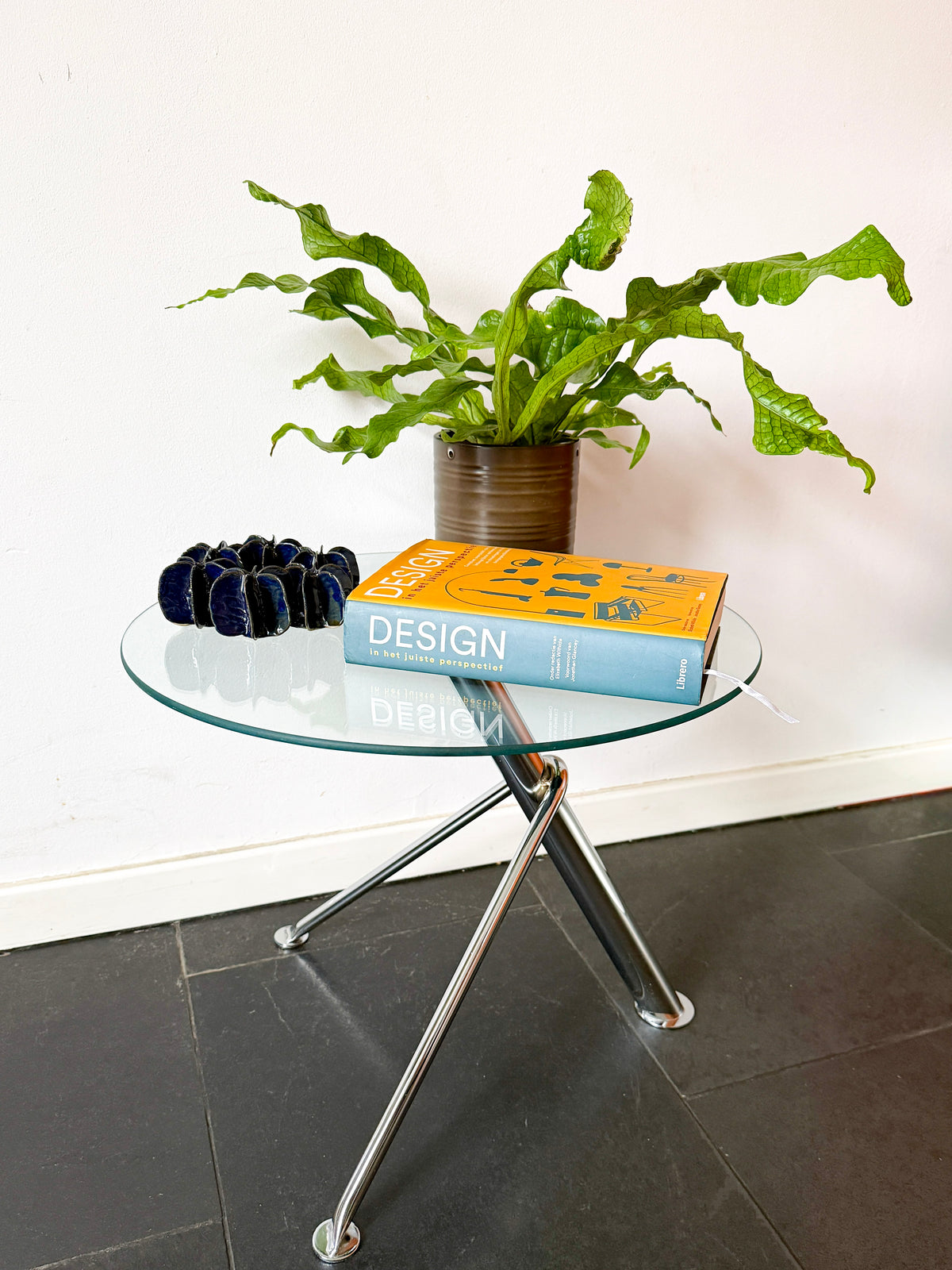 Vintage Round Glass Side Table with Sculptural Chrome Base | Modern Minimalist, 1990s