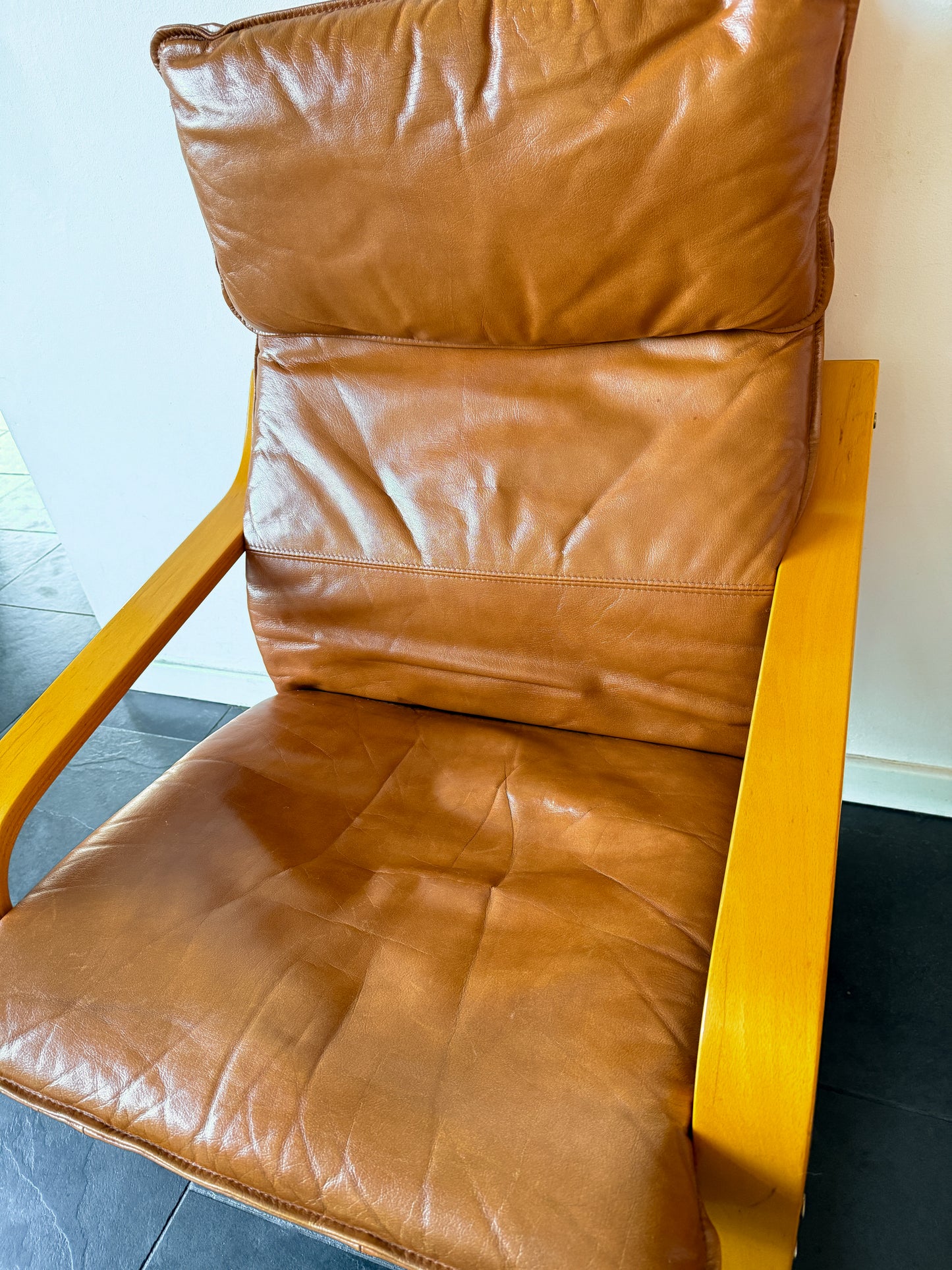 Vintage IKEA Poäng Armchair in Cognac Leather by Noboru Nakamura | Scandinavian Modern, late 20th Century