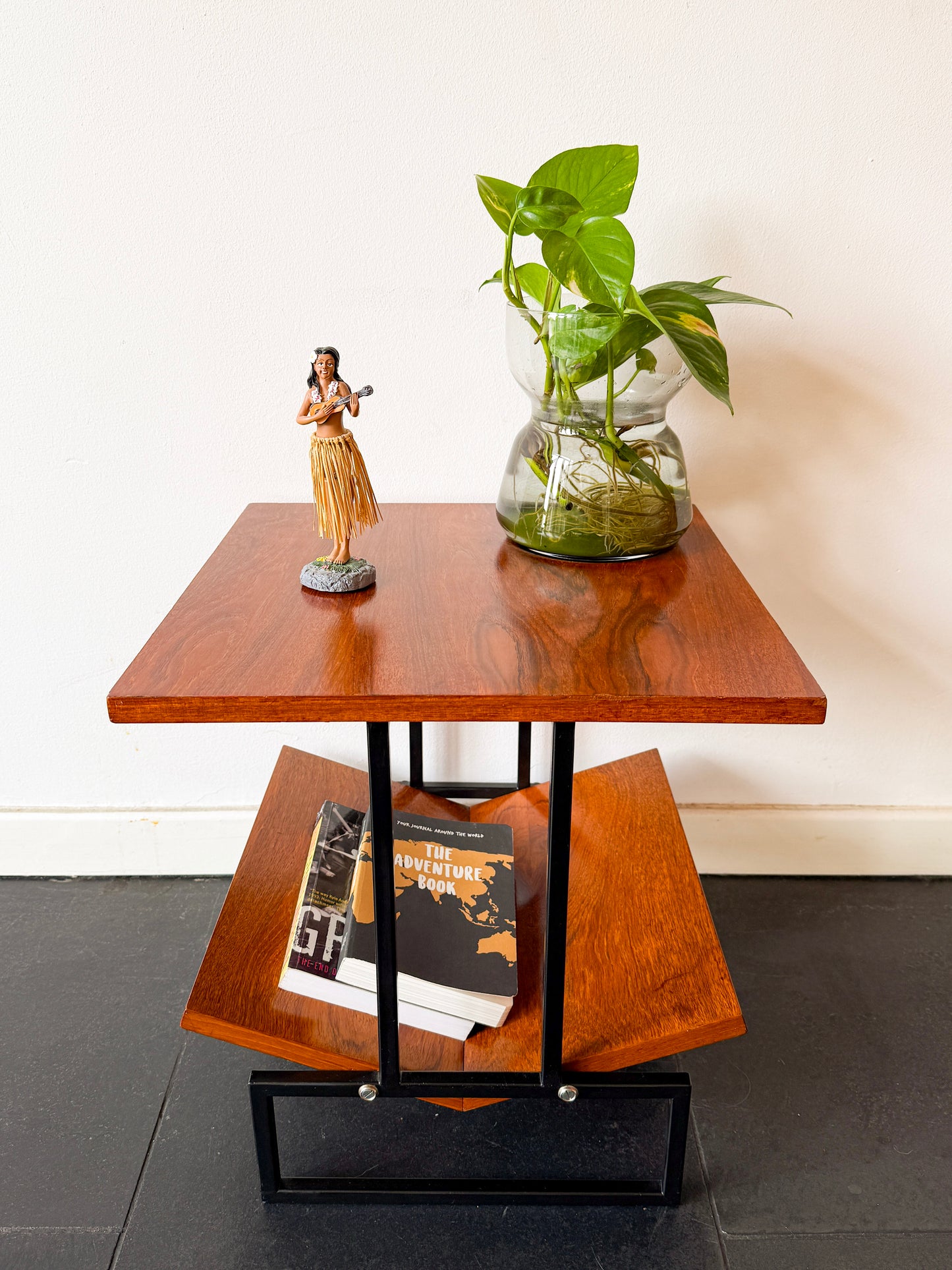 Vintage Mid-Century Modern Magazine Table in Wood and Black Metal | Modernist, Mid-20th century