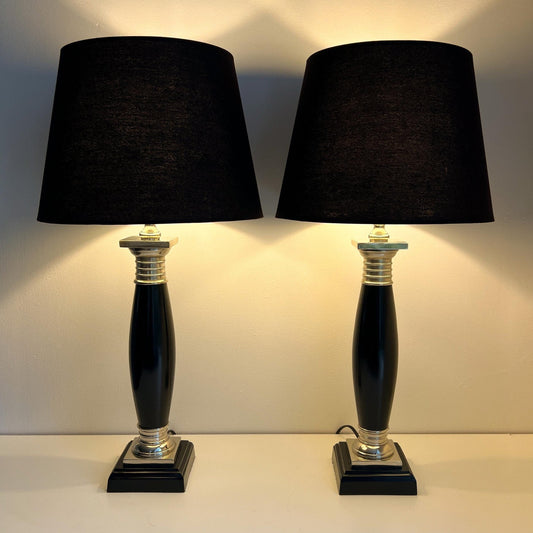 Hollywood Regency Empire style table lamps by Colmore, metal with black and silver column.