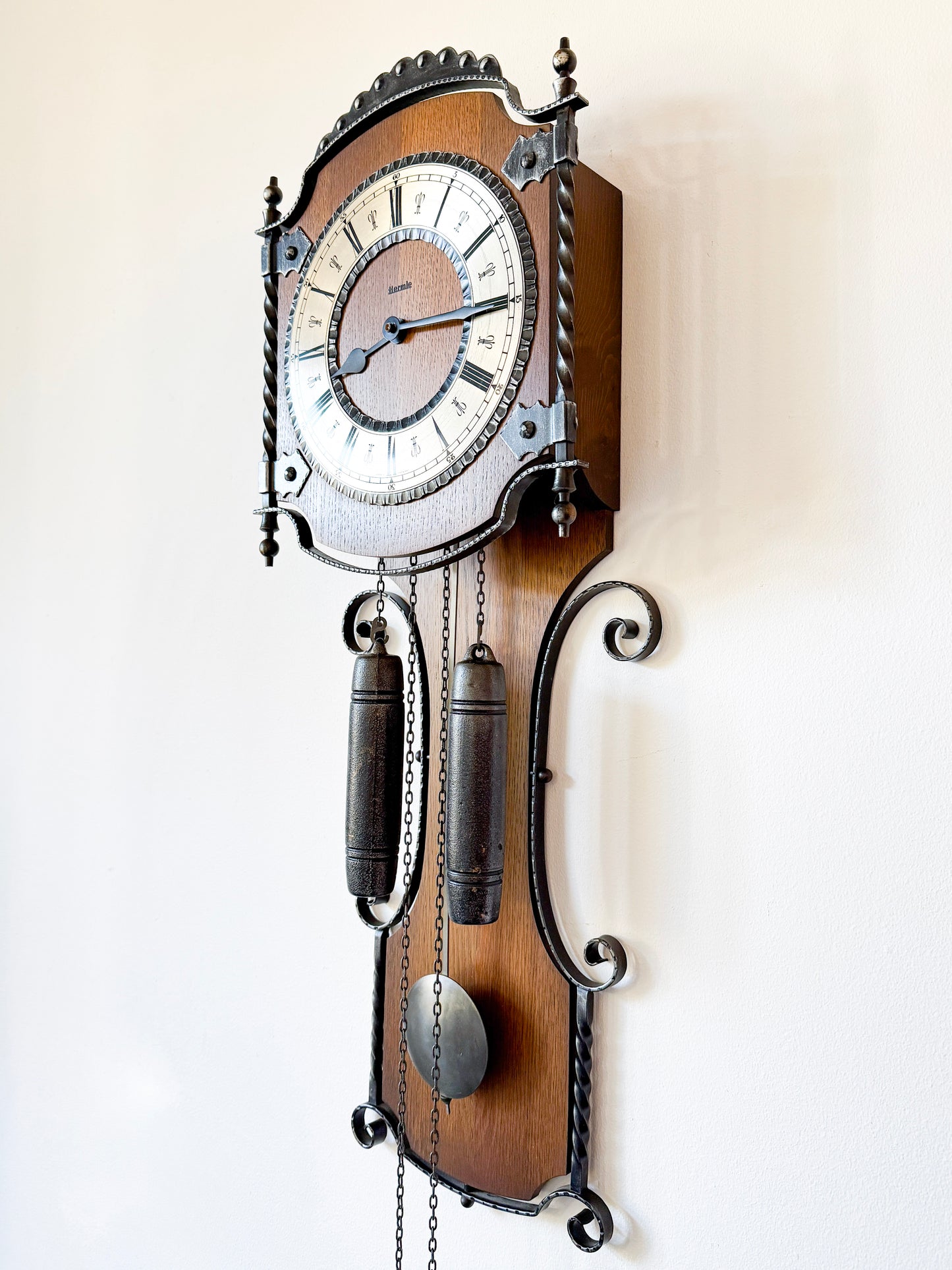 Vintage Hermle Wall Clock with Oak Case and Forged Metal Frame | Rustic Traditional, Late 20th Century