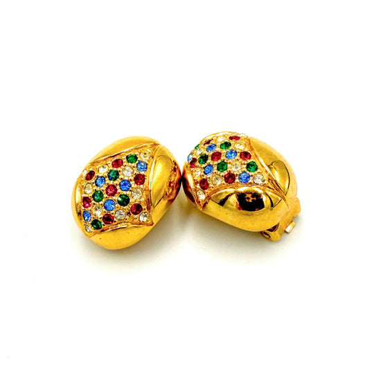 1970s Grossé gold-tone clip-on earrings with multicolor rhinestones, gold-plated metal.