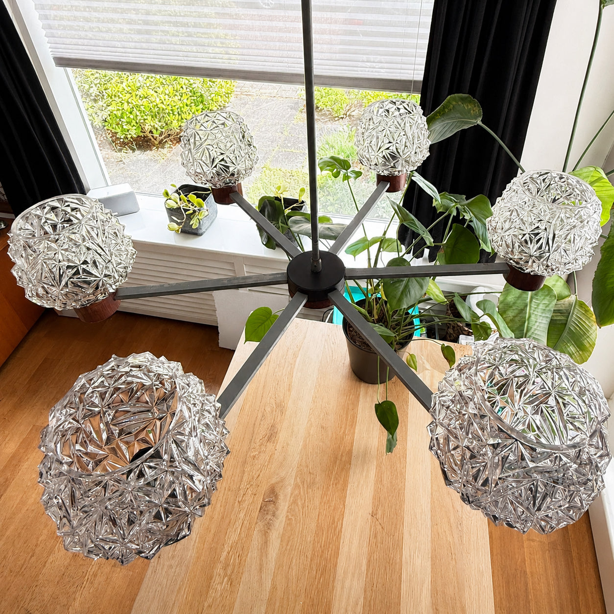 Vintage Six-Arm Chandelier with Pressed Glass Shades | Mid-Century Modern, late 20th Century