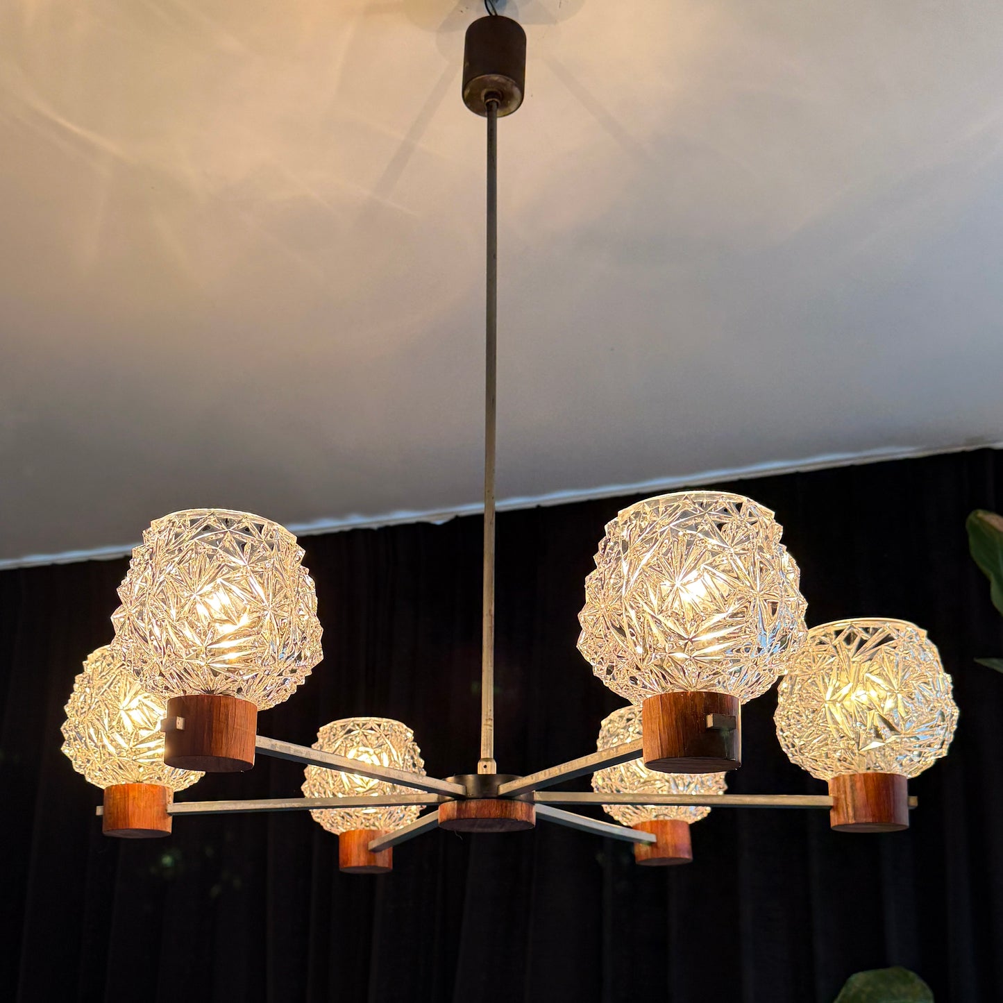 Vintage Six-Arm Chandelier with Pressed Glass Shades | Mid-Century Modern, late 20th Century