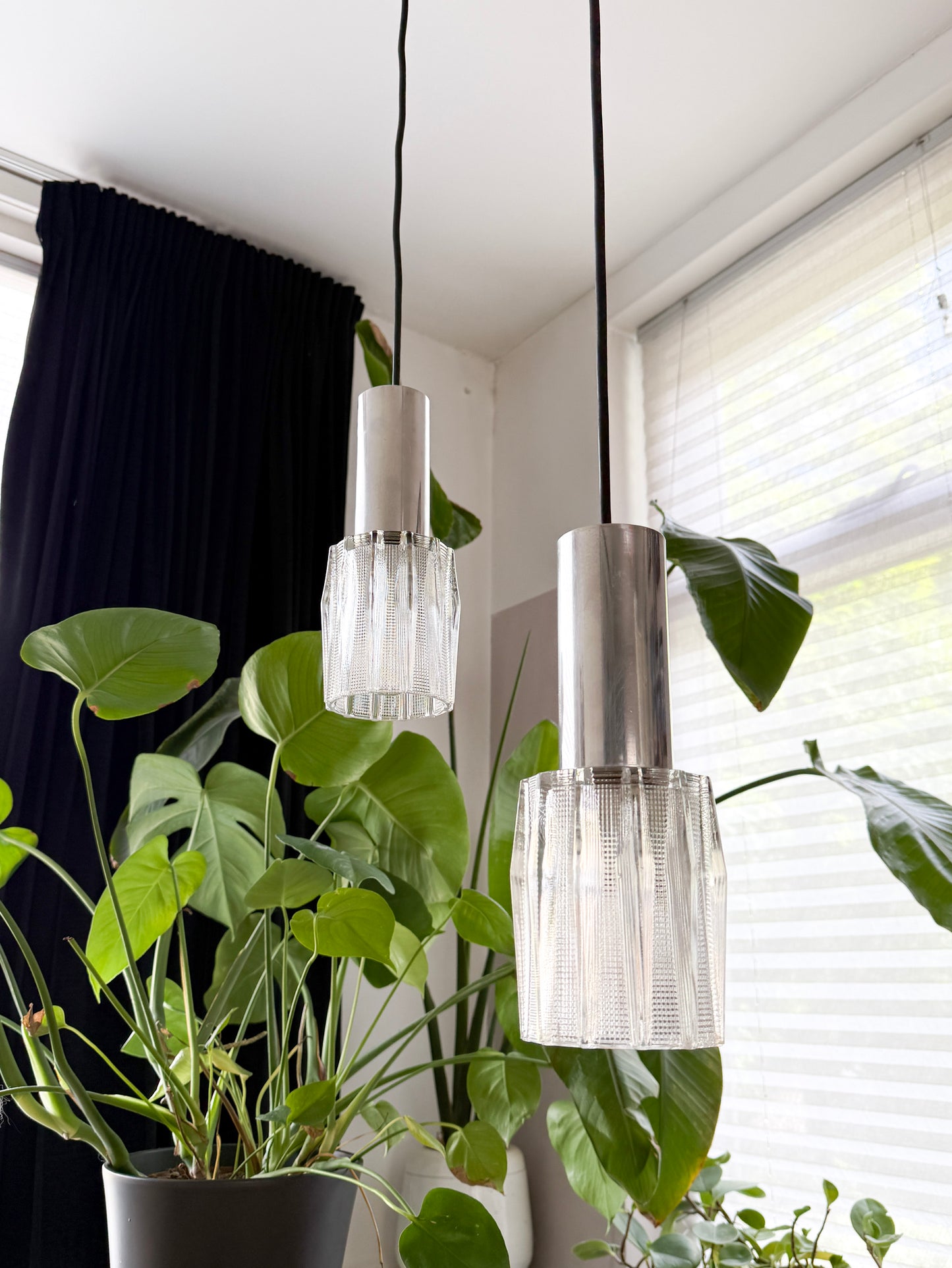 Vintage Pair of Textured Glass Pendant Lights | Mid-Century Modern, 1960/70s
