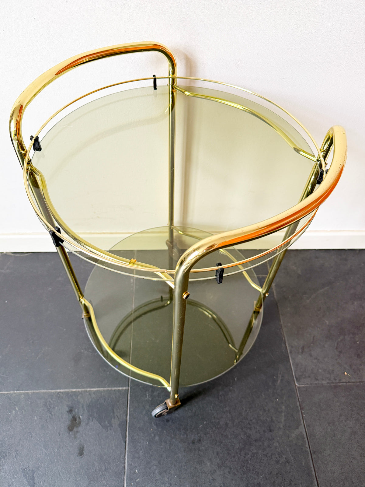 Vintage Brass Serving / Bar Cart with Smoked Glass Shelves | Hollywood Regency, 1970s